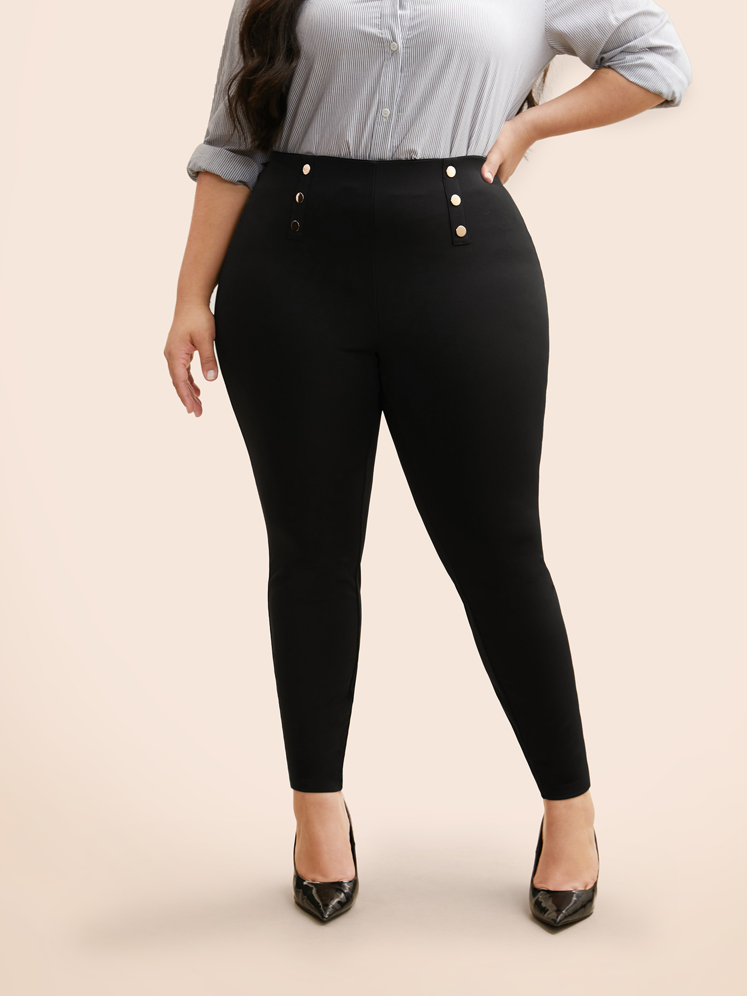 

Plus Size High Rise Button Detail Stretchy Pants Women Black Workwear Essentials Skinny High Rise Work Pants BloomChic