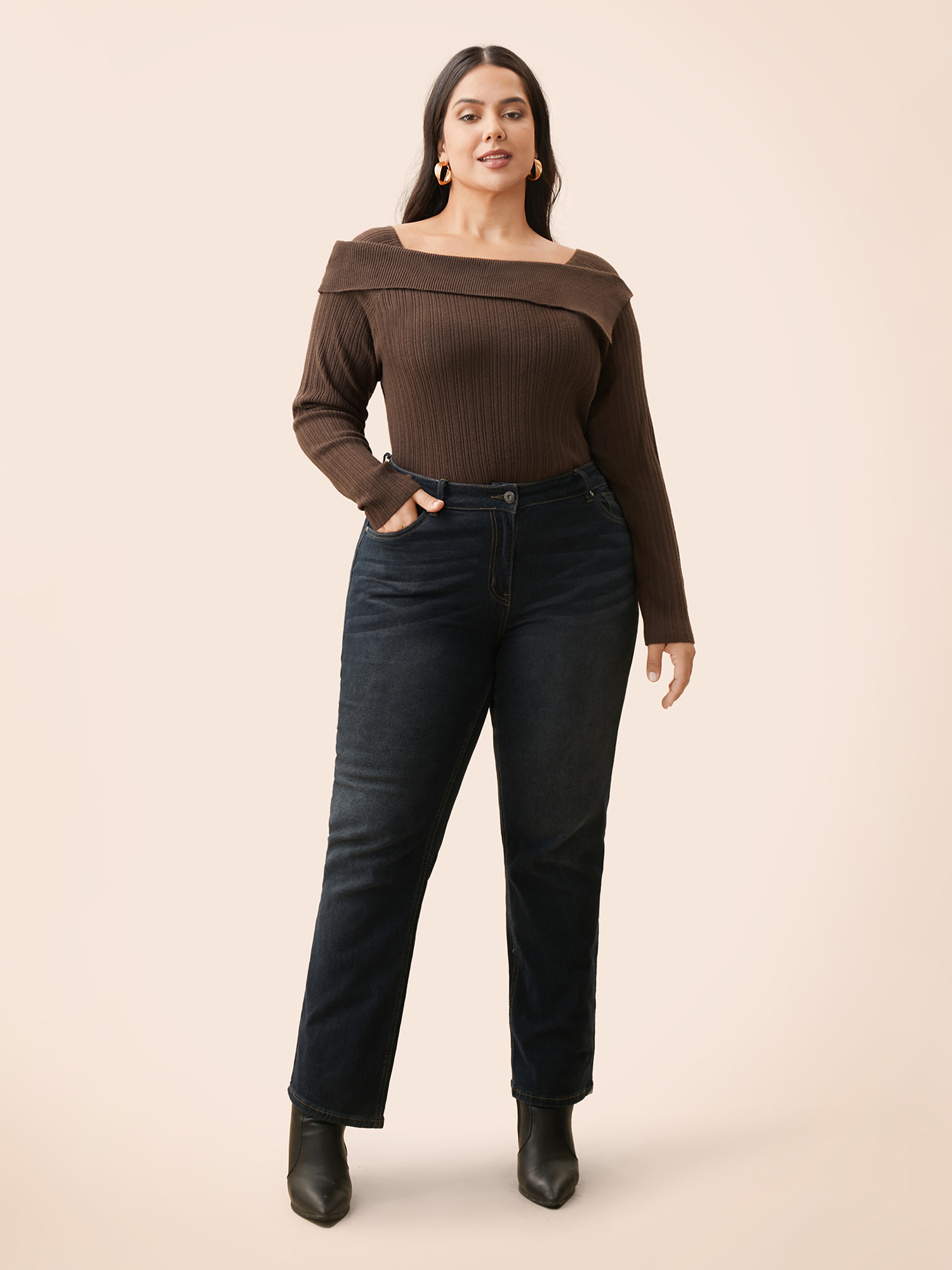 

Plus Size Supersoft Essentials Asymmetrical Neck Slim Fit Pullover DarkBrown Women Casual Skinny Long Sleeve Asymmetrical Neck Everyday Pullovers BloomChic