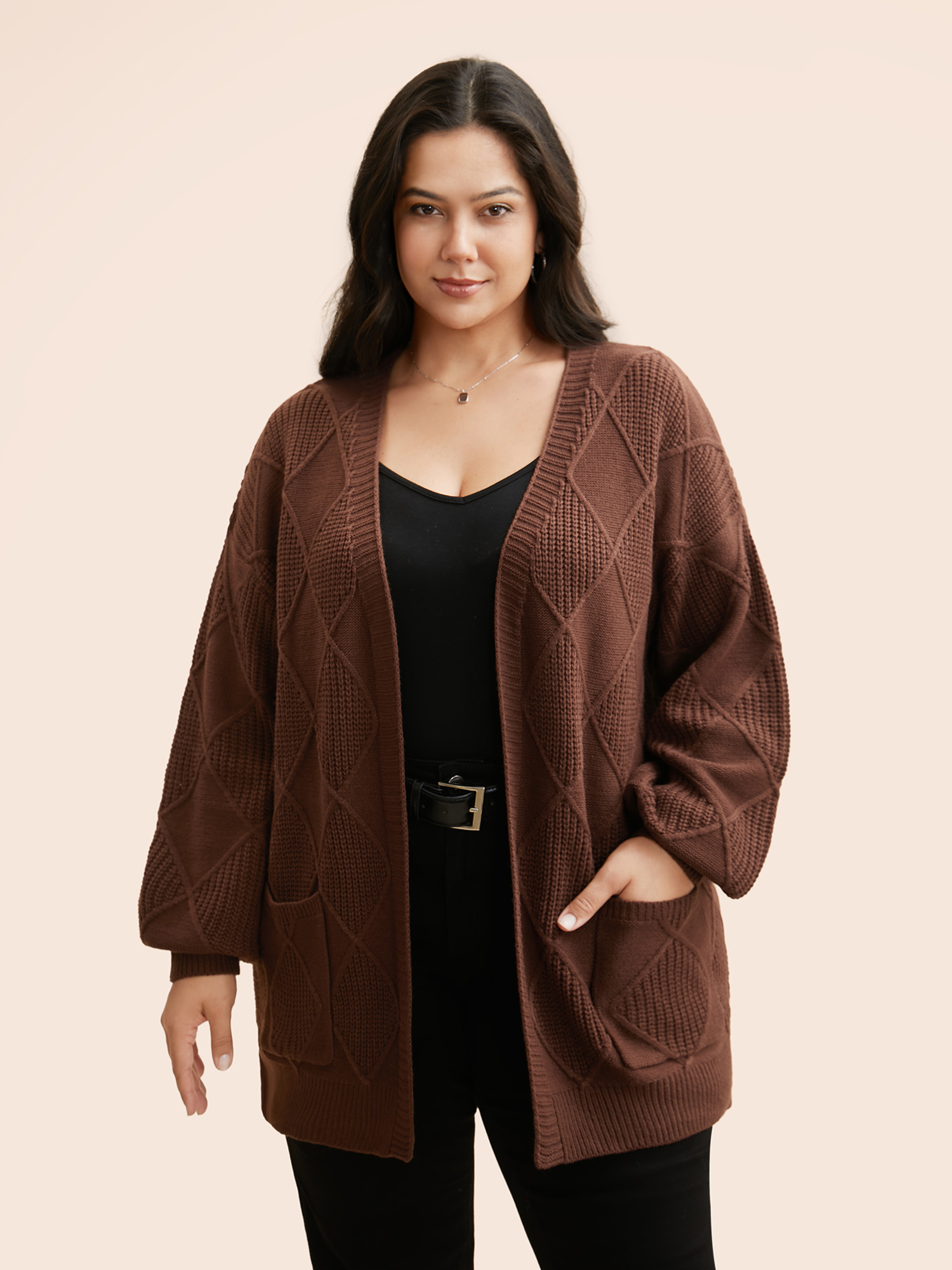 

Plus Size Plain Textured Pocket Drop Shoulder Cardigan Browncoffeecolor Women Casual Loose Long Sleeve Everyday Cardigans BloomChic