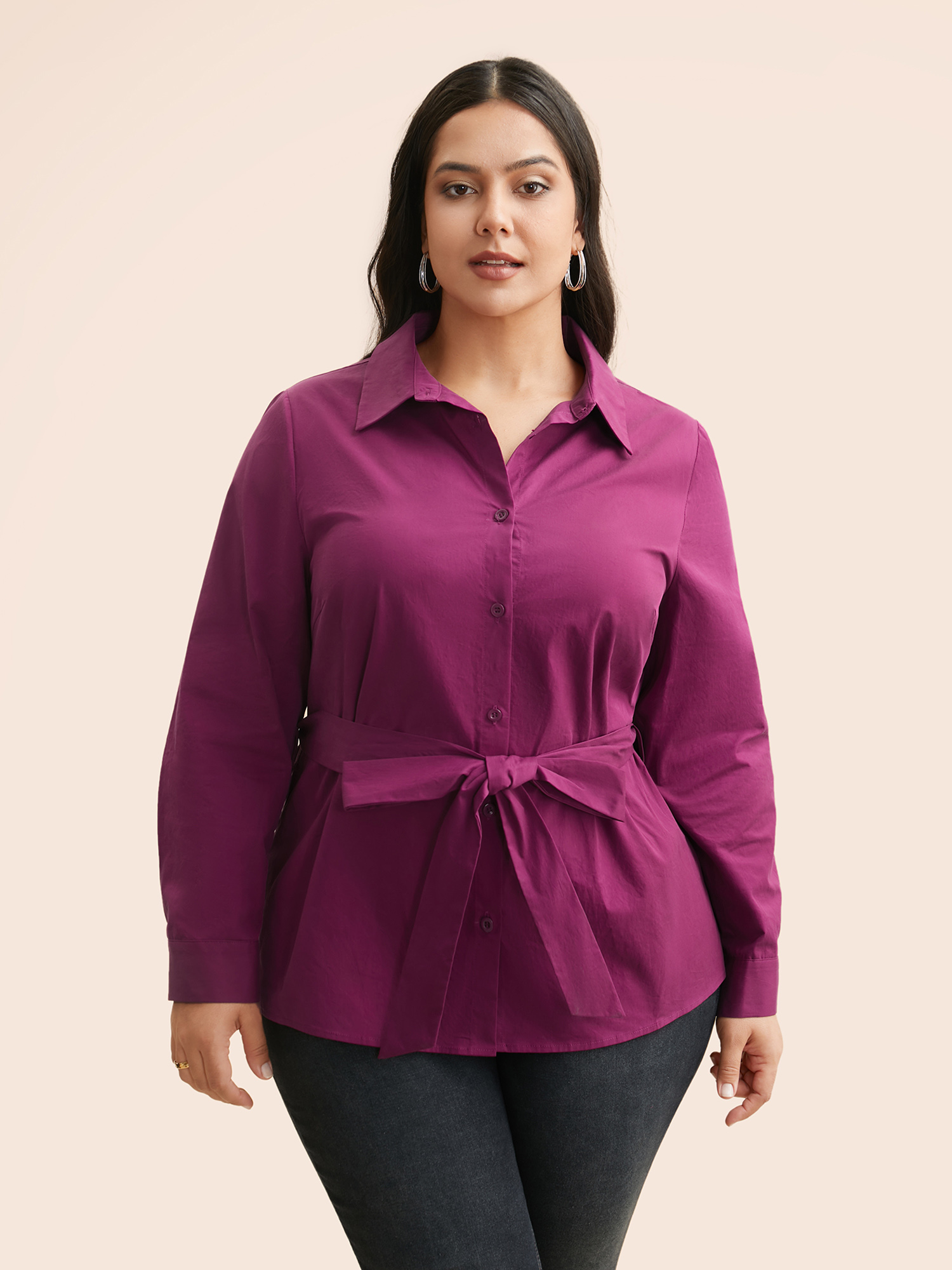 

Plus Size Solid Shirt Collar Tie Knot Shirt RedViolet Long Sleeve Shirt collar Casual Shirts