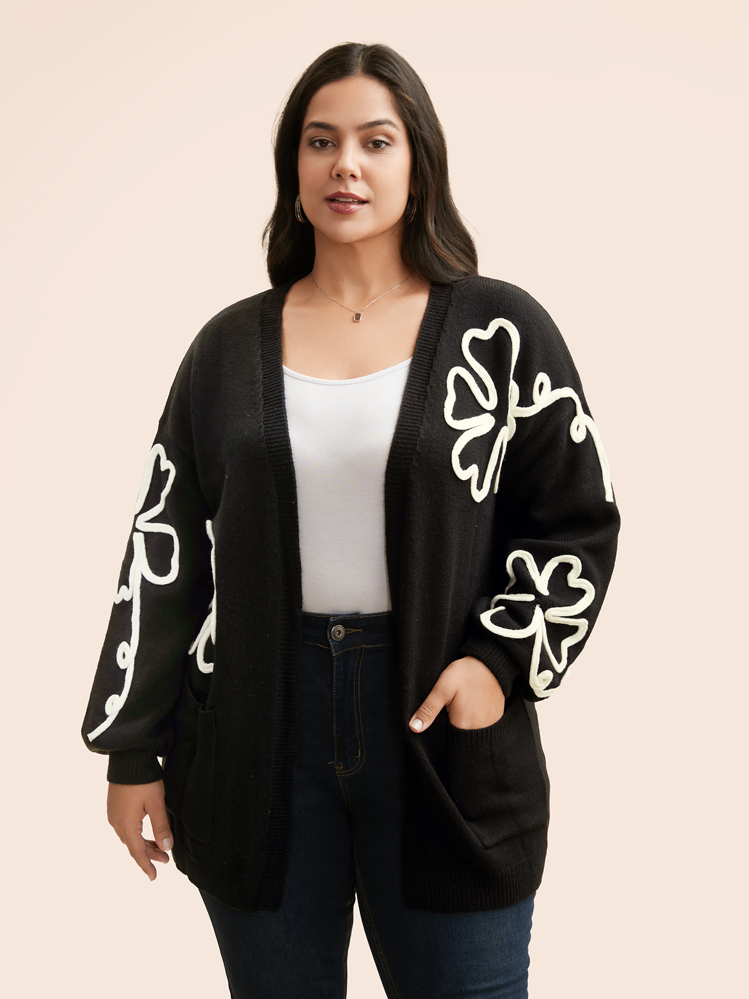 

Plus Size Crochet Floral Kimono Collar Pocket Cardigan Black Women Casual Loose Long Sleeve Everyday Cardigans BloomChic