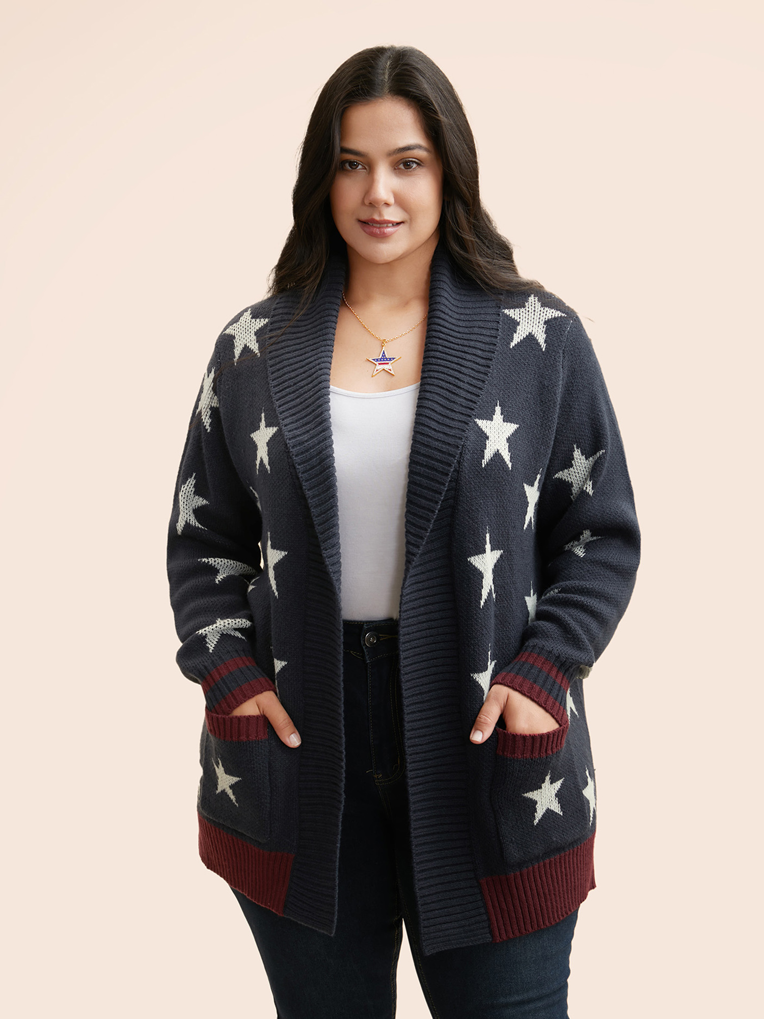 

Plus Size Star Contrast Patched Pocket Cardigan Indigo Women Casual Loose Long Sleeve Everyday Cardigans BloomChic