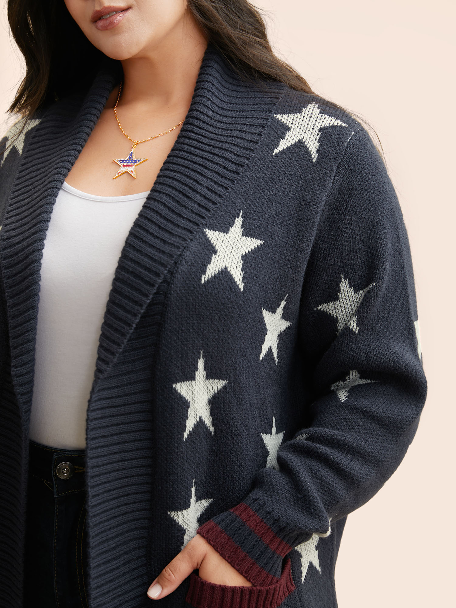 

Plus Size Star Contrast Patched Pocket Cardigan Indigo Women Casual Loose Long Sleeve Everyday Cardigans BloomChic