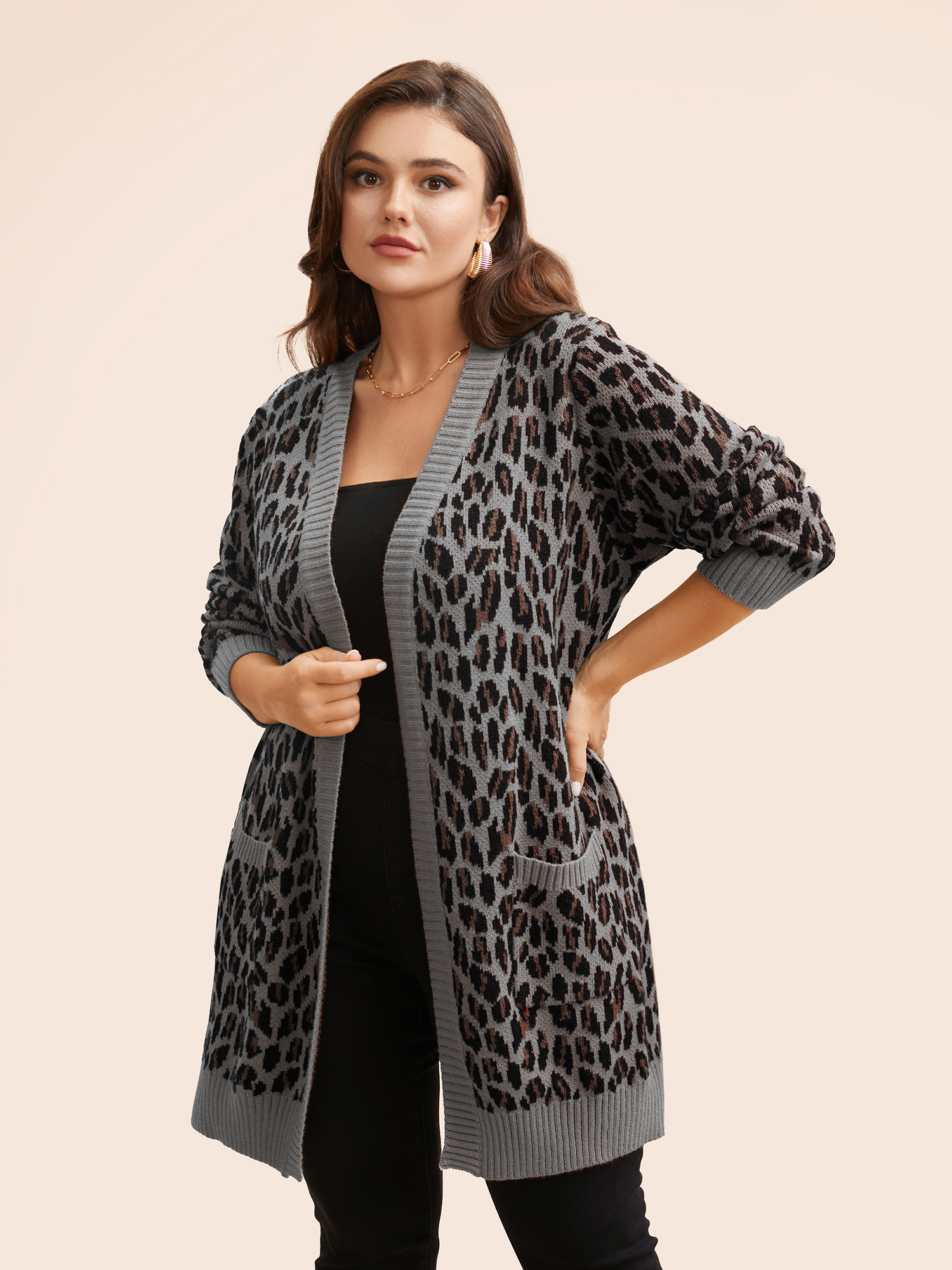 

Plus Size Leopard Print Patched Pocket Cardigan DarkGray Women Casual Loose Long Sleeve Everyday Cardigans BloomChic