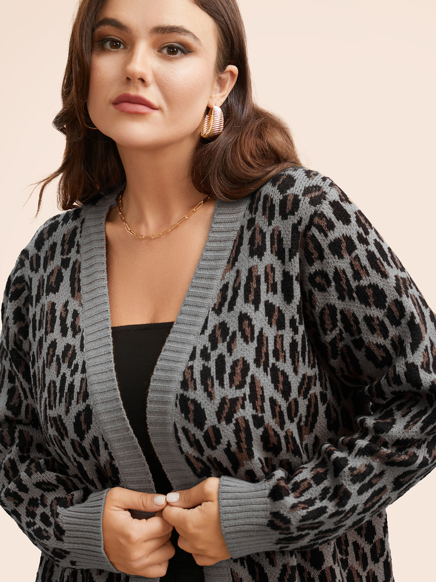 

Plus Size Leopard Print Patched Pocket Cardigan DarkGray Women Casual Loose Long Sleeve Everyday Cardigans BloomChic