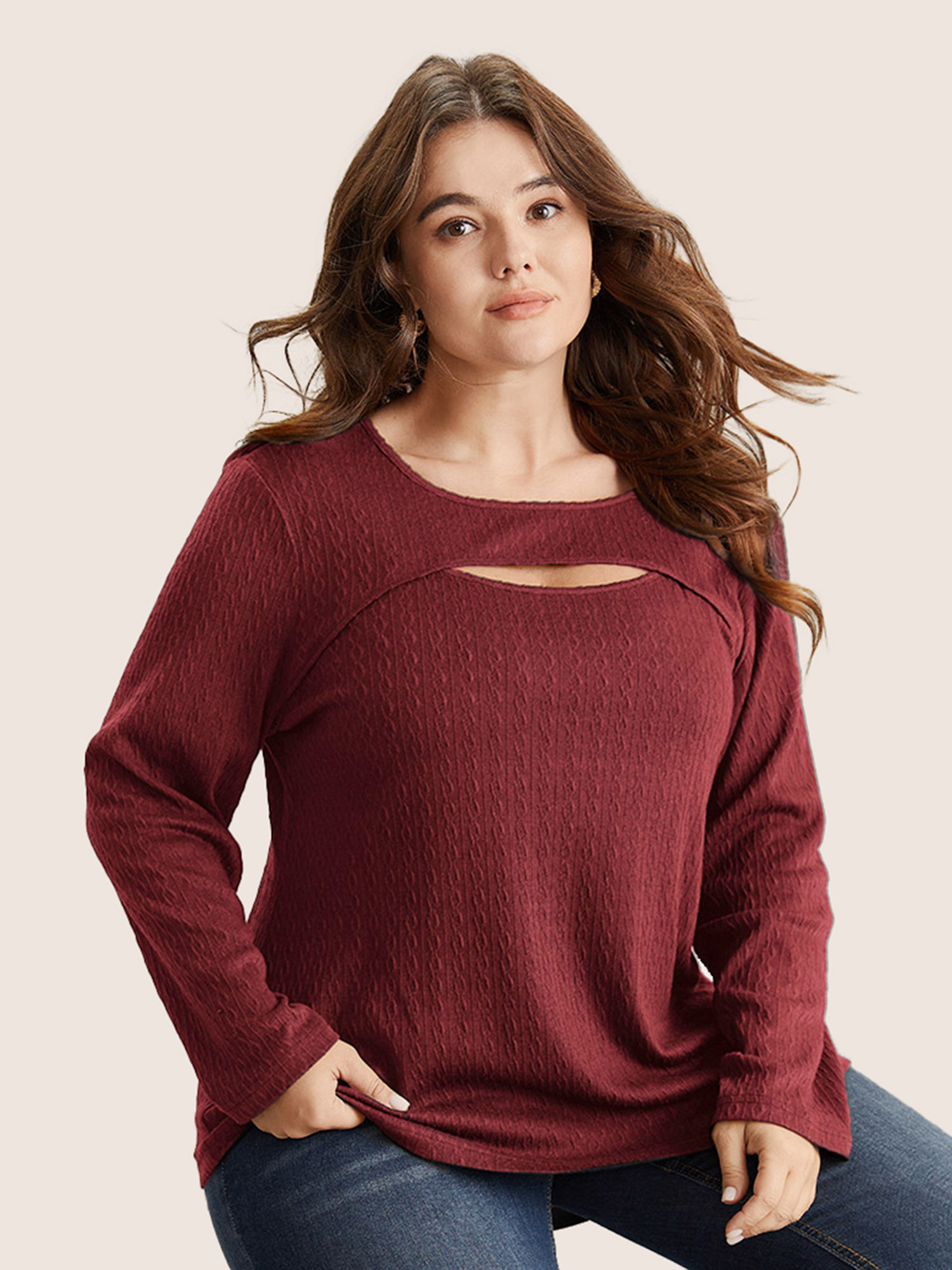 

Plus Size Solid Texture Keyhole Knit T-shirt Burgundy Round Neck Long Sleeve Casual Jersey Tops