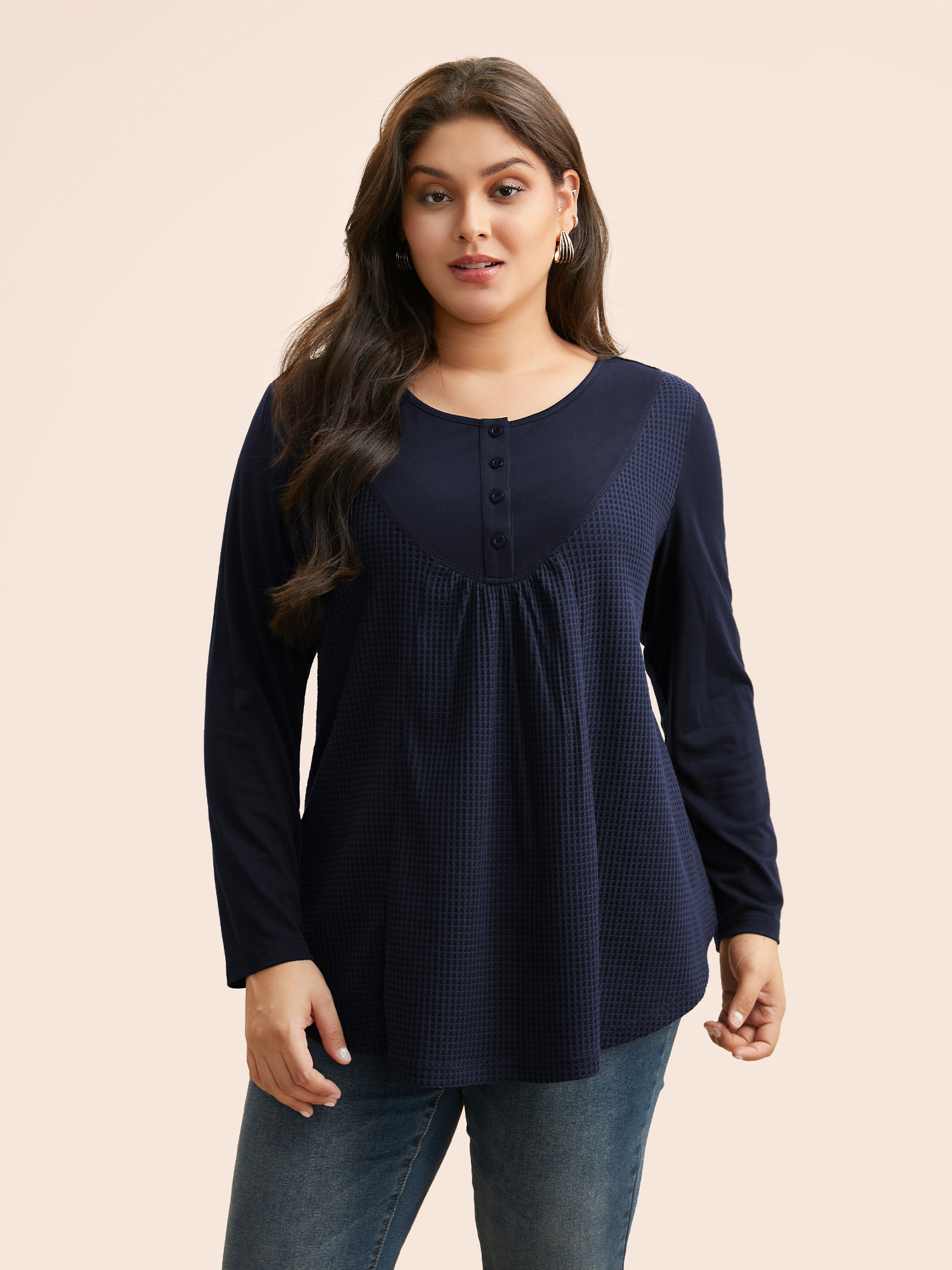 

Plus Size Waffle Knit Patchwork Button Up T-shirt Indigo Round Neck Long Sleeve Casual Jersey Tops