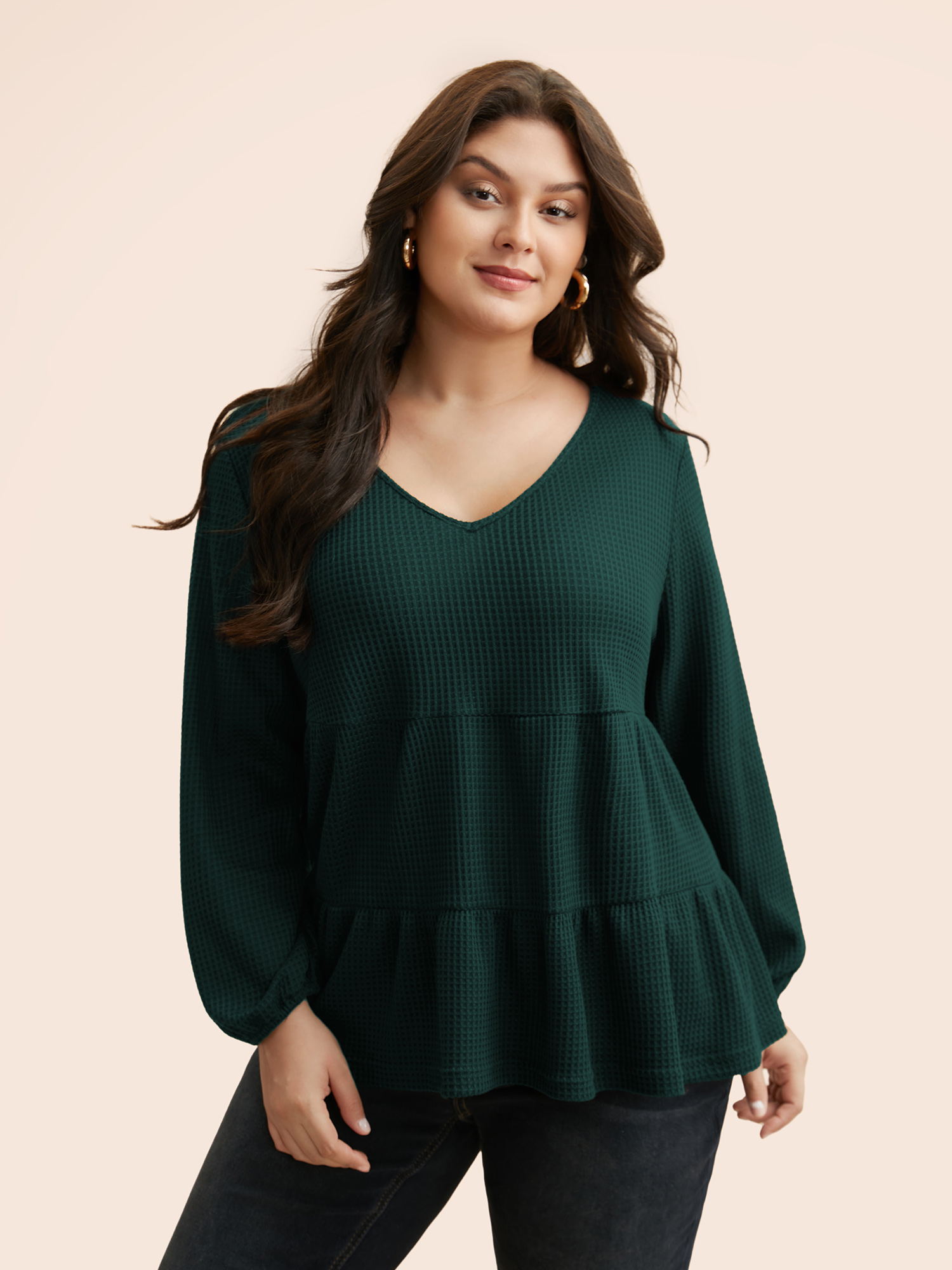 

Plus Size Solid Waffle Knit Ruffle Hem T-shirt DarkGreen Women Casual Texture V-neck Everyday T-shirts BloomChic