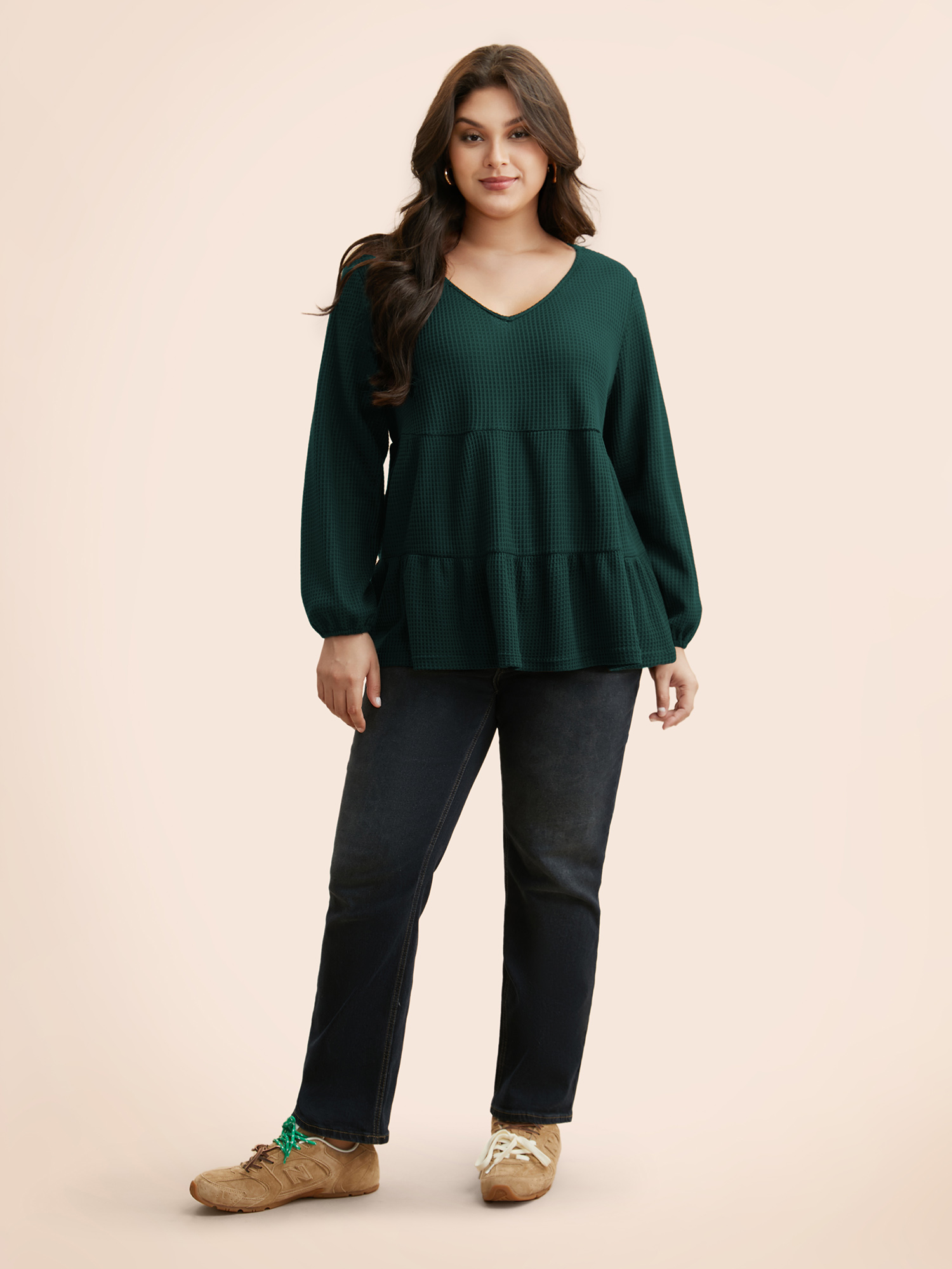 

Plus Size Solid Waffle Knit Ruffle Hem T-shirt DarkGreen Women Casual Texture V-neck Everyday T-shirts BloomChic