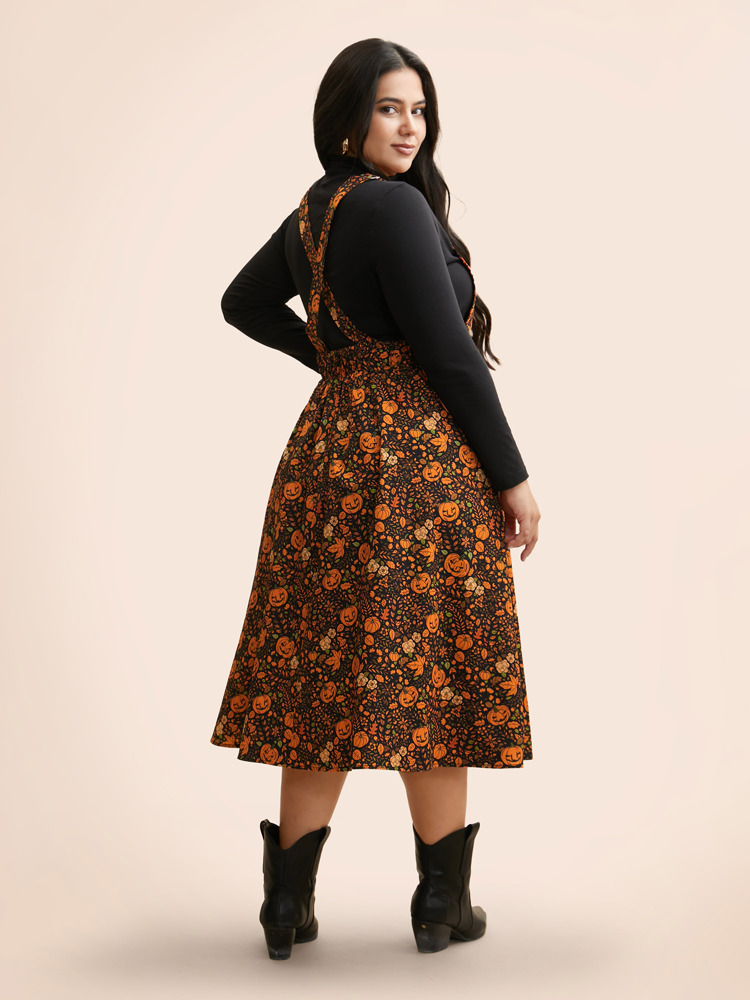 

Plus Size Pumpkin Print Suspender Midi Dress Black Women Casual Non Party Curvy Bloomchic