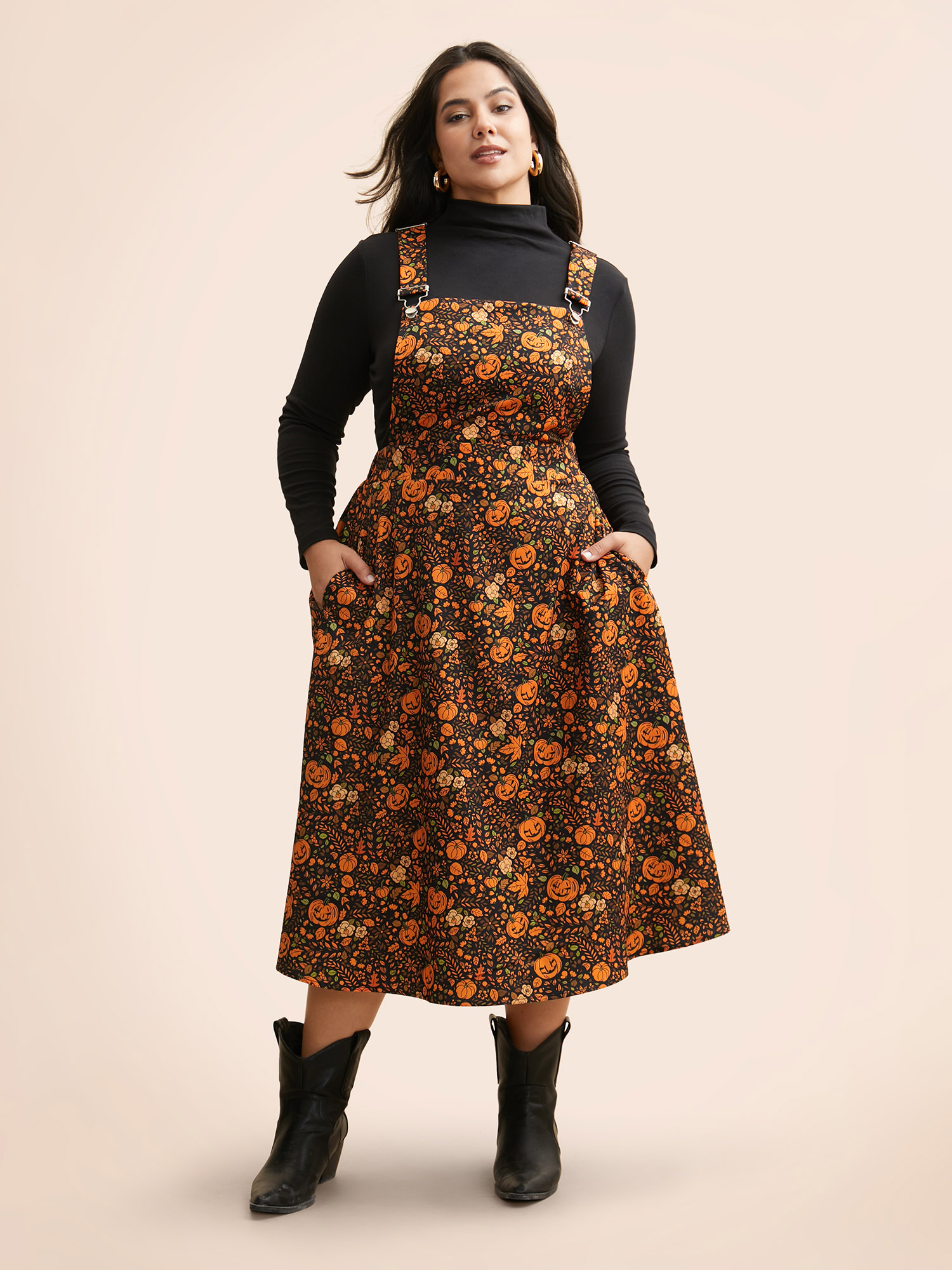 

Plus Size Pumpkin Print Suspender Midi Dress Black Women Casual Non Party Curvy Bloomchic