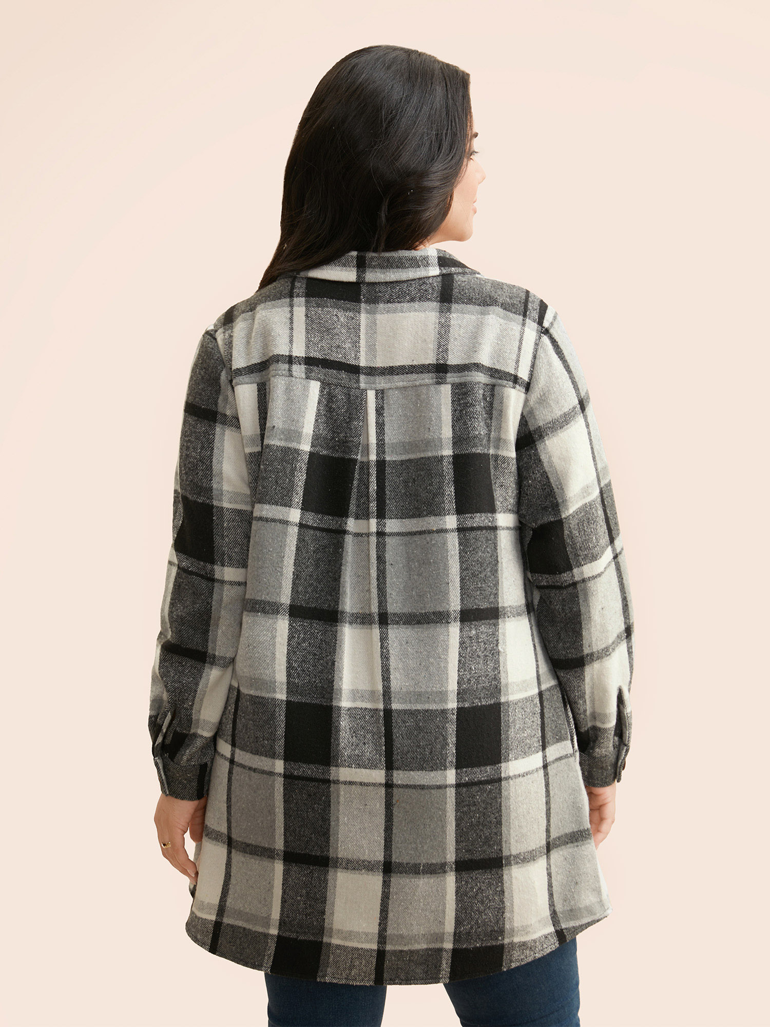 Plus Size Halloween Plaid Chest Pockets Long Jacket Women Black Button Loose Side seam pocket Everyday Jackets BloomChic 12/L 