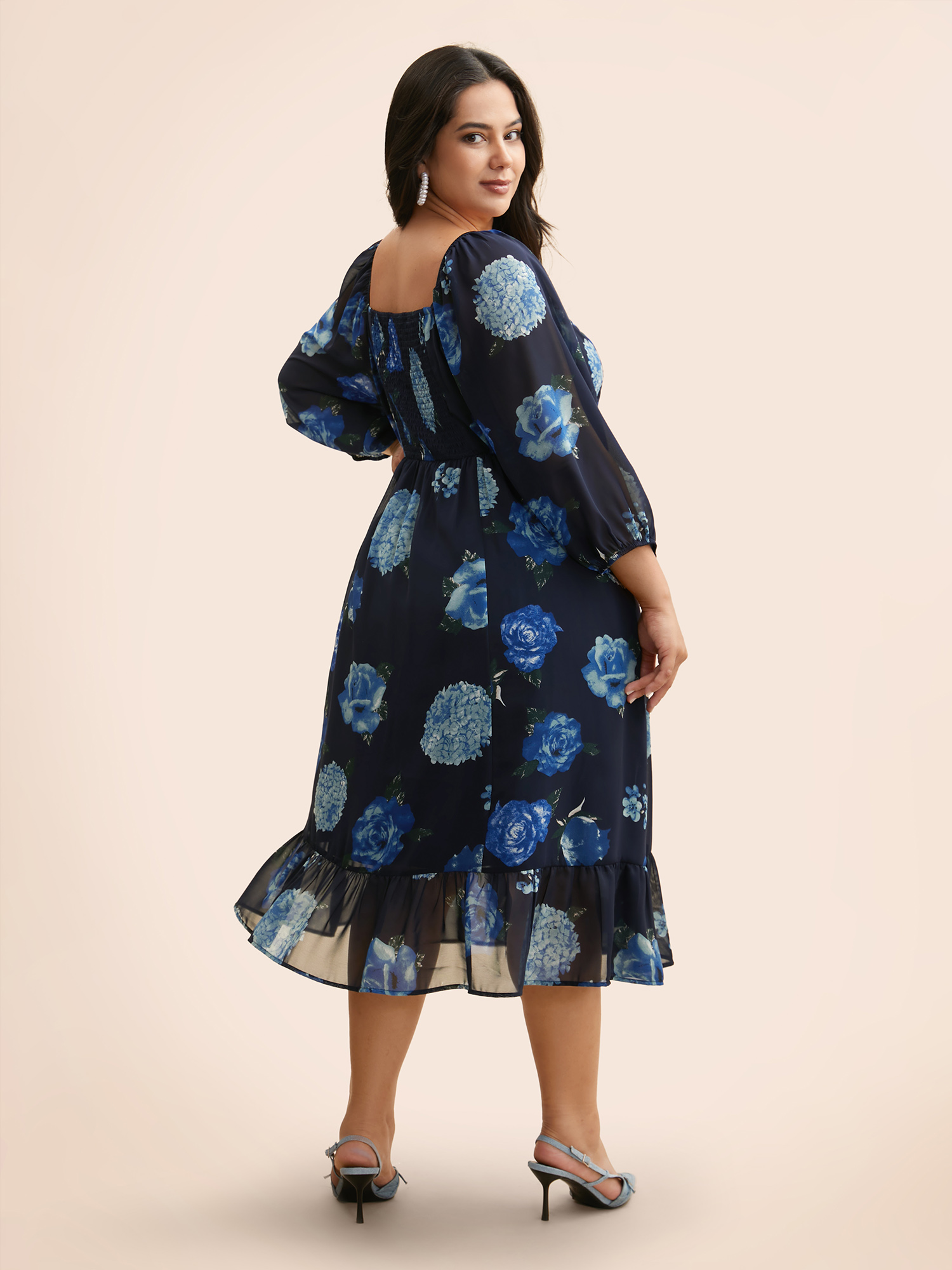 

Plus Size Floral Patchwork Ruffle Hem Mesh Dress DarkBlue Women Elegant See through Square Neck Elbow-length sleeve Curvy BloomChic