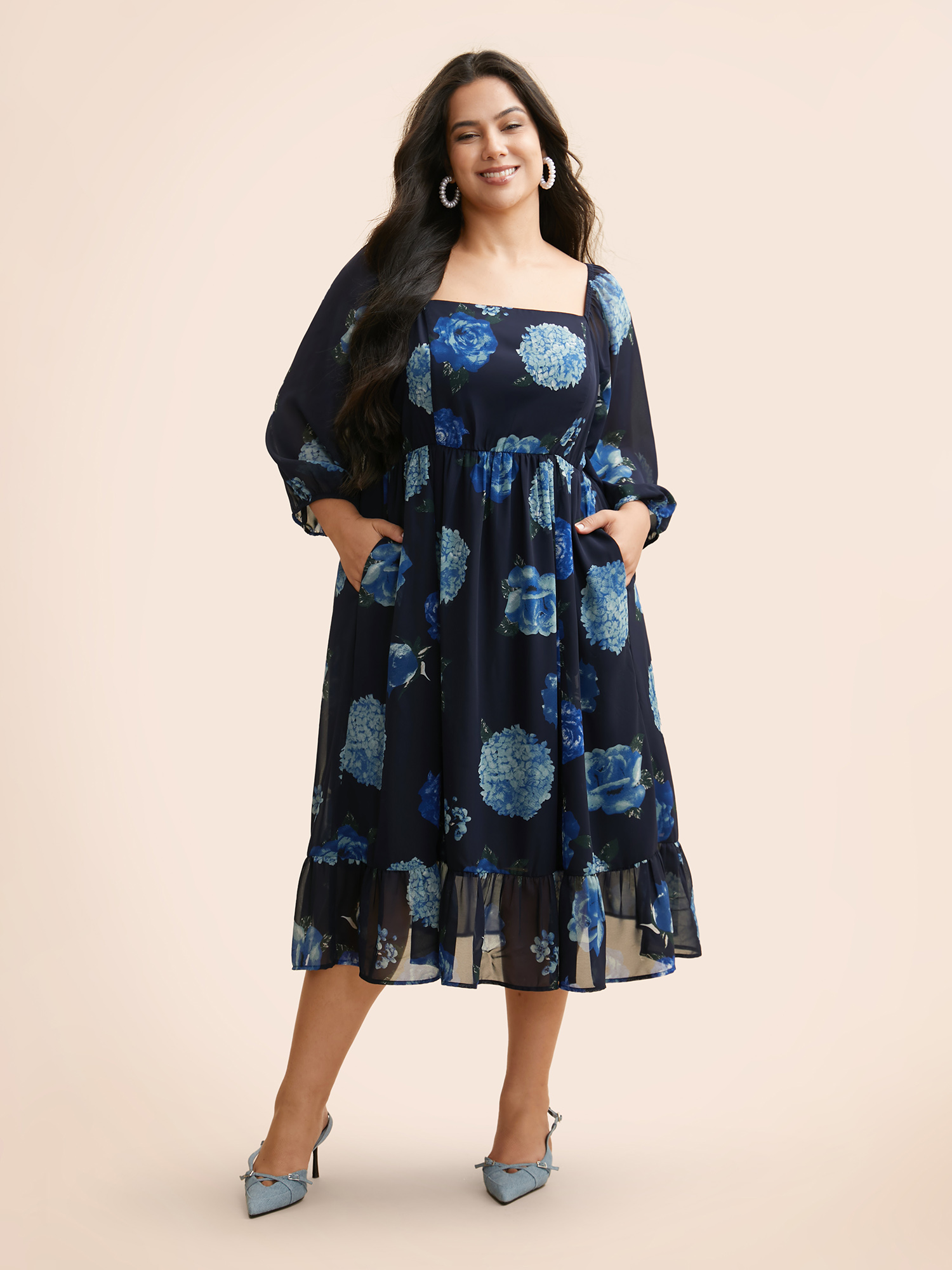 

Plus Size Floral Patchwork Ruffle Hem Mesh Dress DarkBlue Women Elegant See through Square Neck Elbow-length sleeve Curvy BloomChic