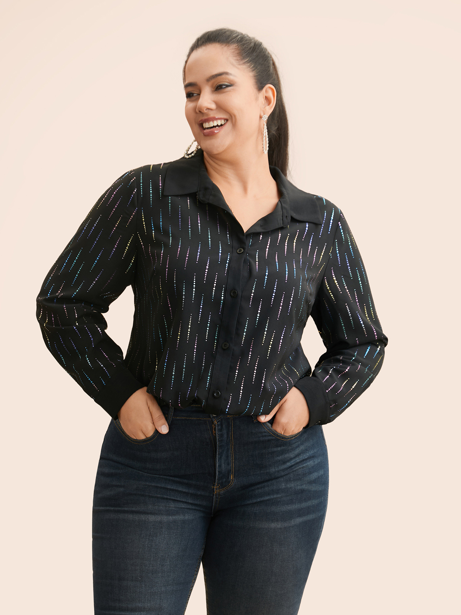 

Plus Size Shirt Collar Glitter Striped Patchwork Shirt Multicolor Long Sleeve Shirt collar Cocktail Shirts