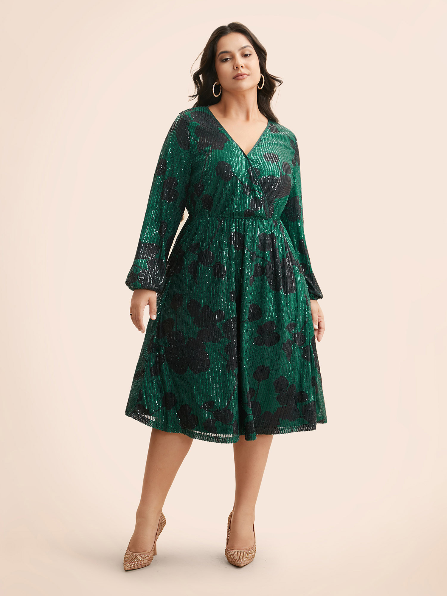 

Plus Size Sequin Floral Lantern Sleeve Midi Dress Truegreen Women Cocktail Texture Party Curvy Bloomchic