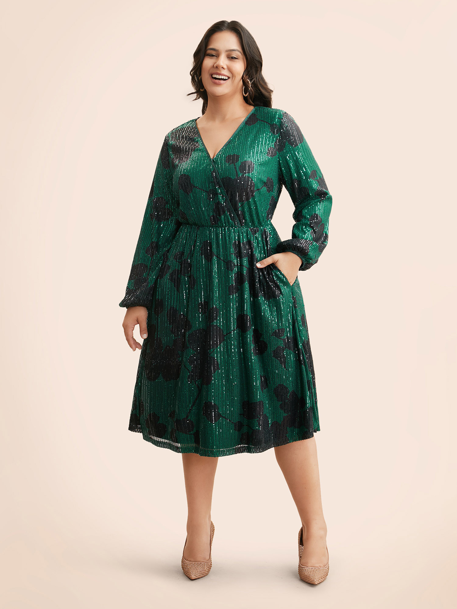 

Plus Size Sequin Floral Lantern Sleeve Midi Dress Truegreen Women Cocktail Texture Party Curvy Bloomchic