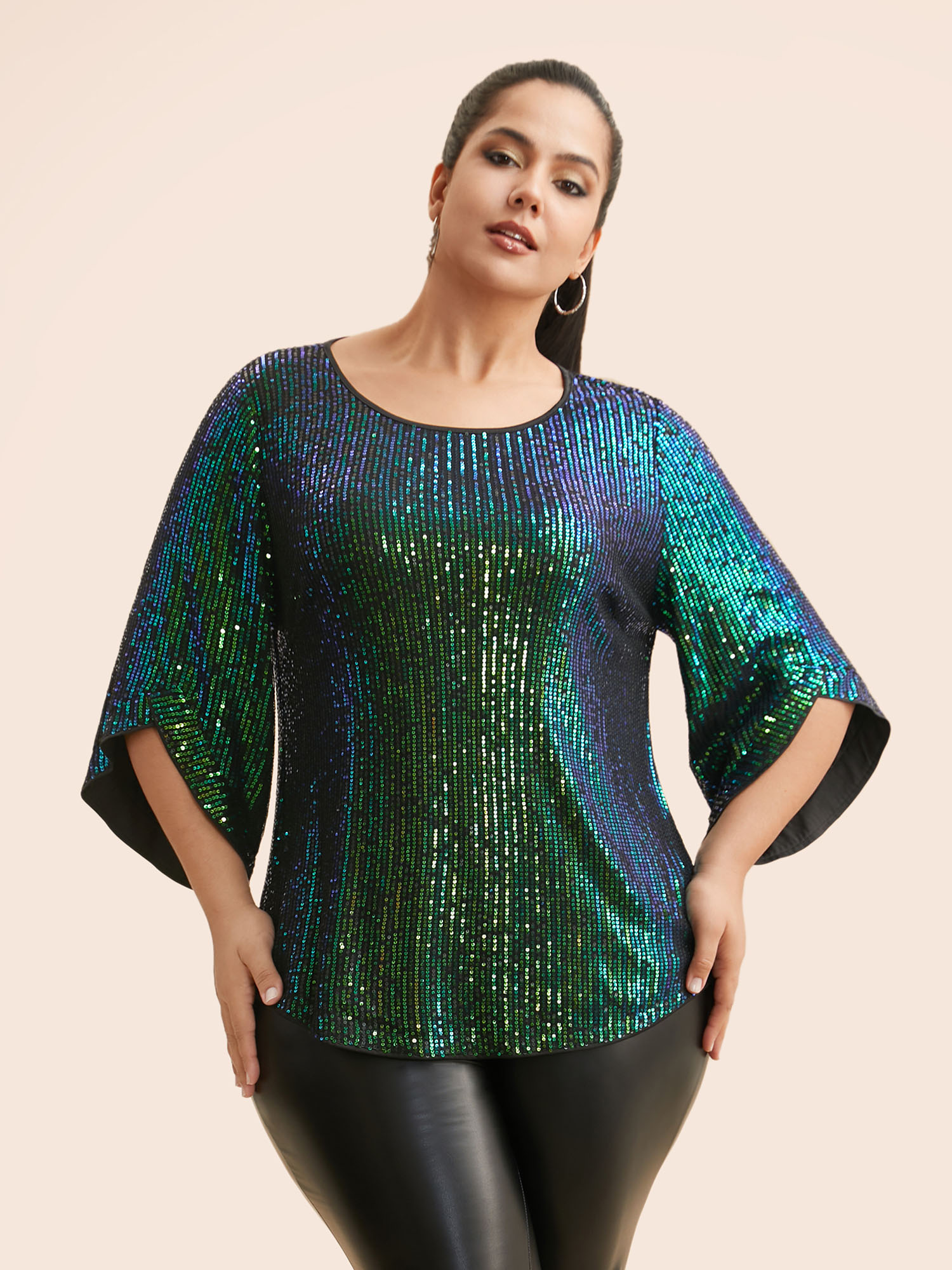 

Plus Size DarkGreen Round Neck Sequin Bell Sleeve Blouse Women Cocktail Elbow-length sleeve Round Neck Party Blouses BloomChic