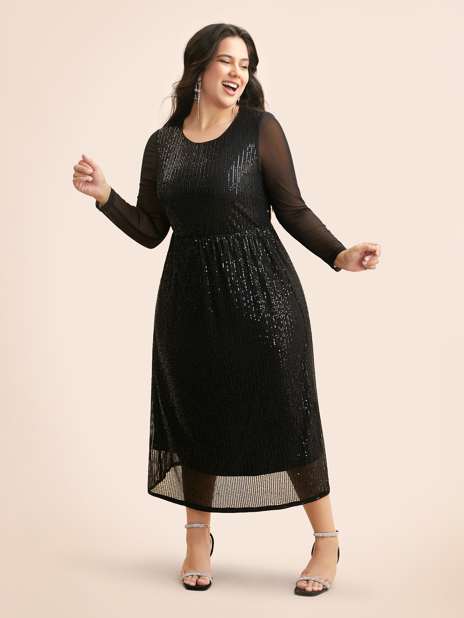 

Plus Size Crew Neck Patchwork Sequin Mesh Dress Black Women Cocktail Texture Party Curvy Bloomchic