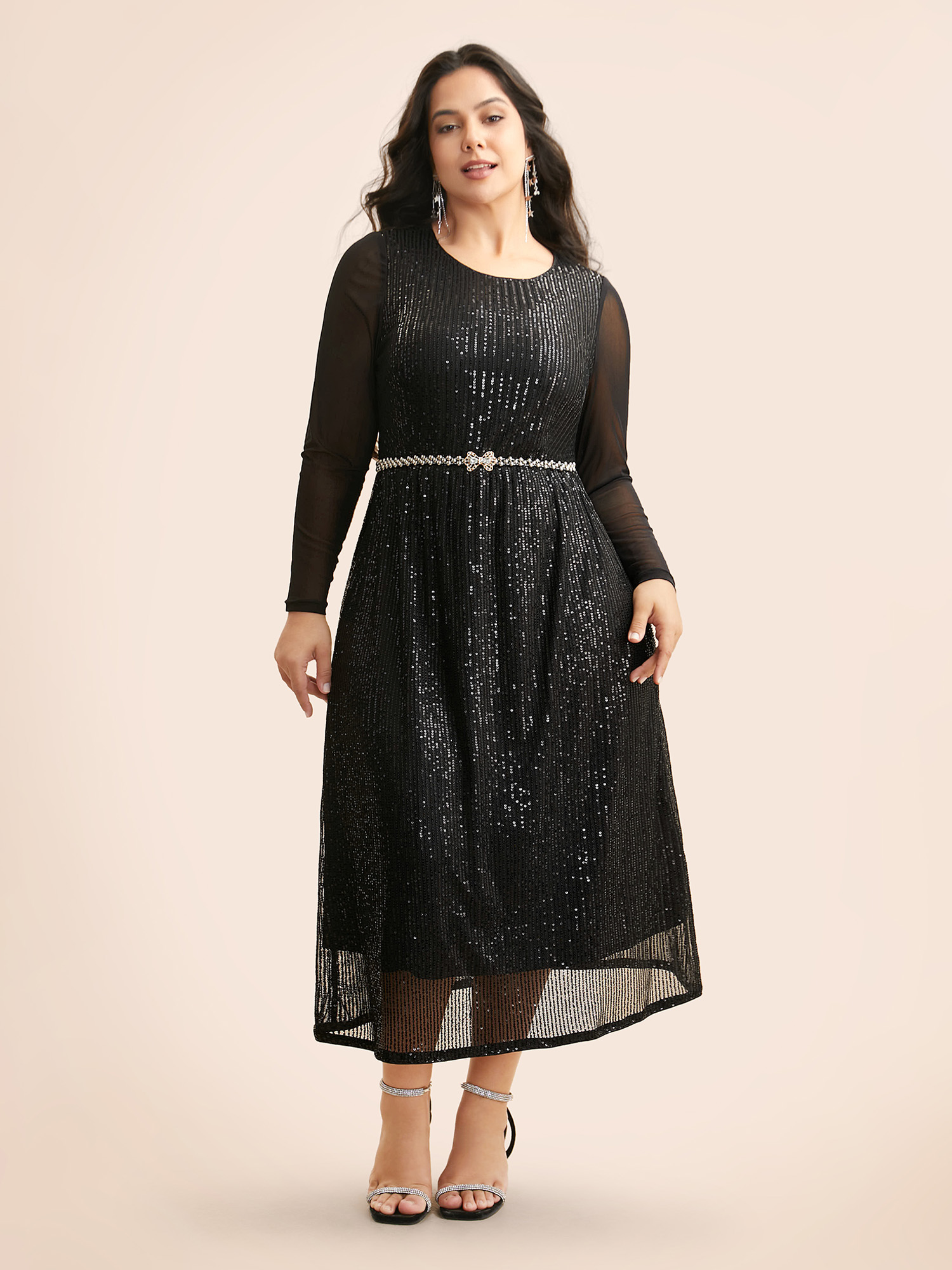 

Plus Size Crew Neck Patchwork Sequin Mesh Dress Black Women Cocktail Texture Party Curvy Bloomchic