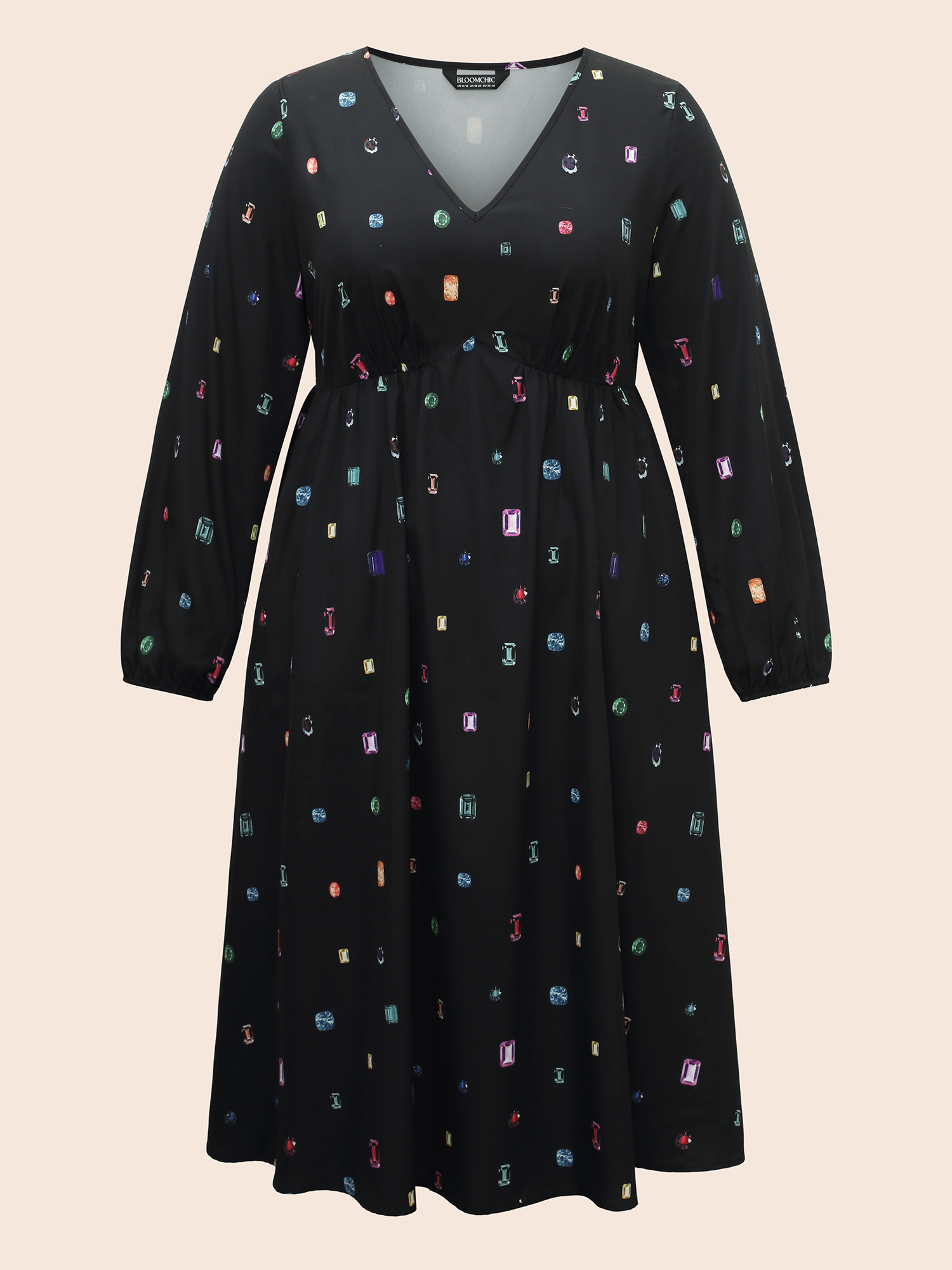 

Plus Size Color Diamond Print V Neck Dress Black Women Cocktail Non Party Curvy Bloomchic