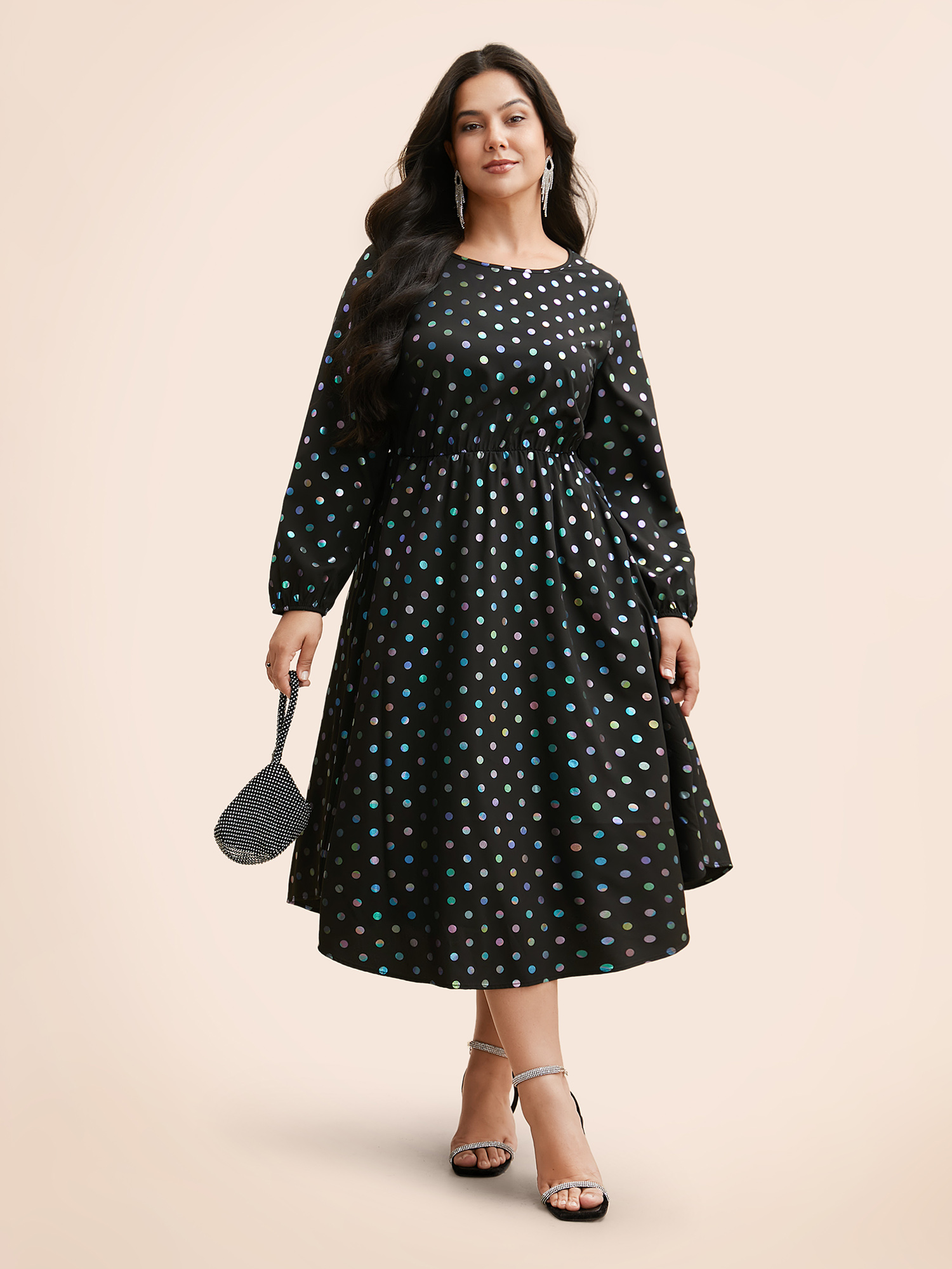 

Plus Size Glitter Polka Dot Lantern Sleeve Dress Black Women Cocktail Texture Party Curvy Bloomchic