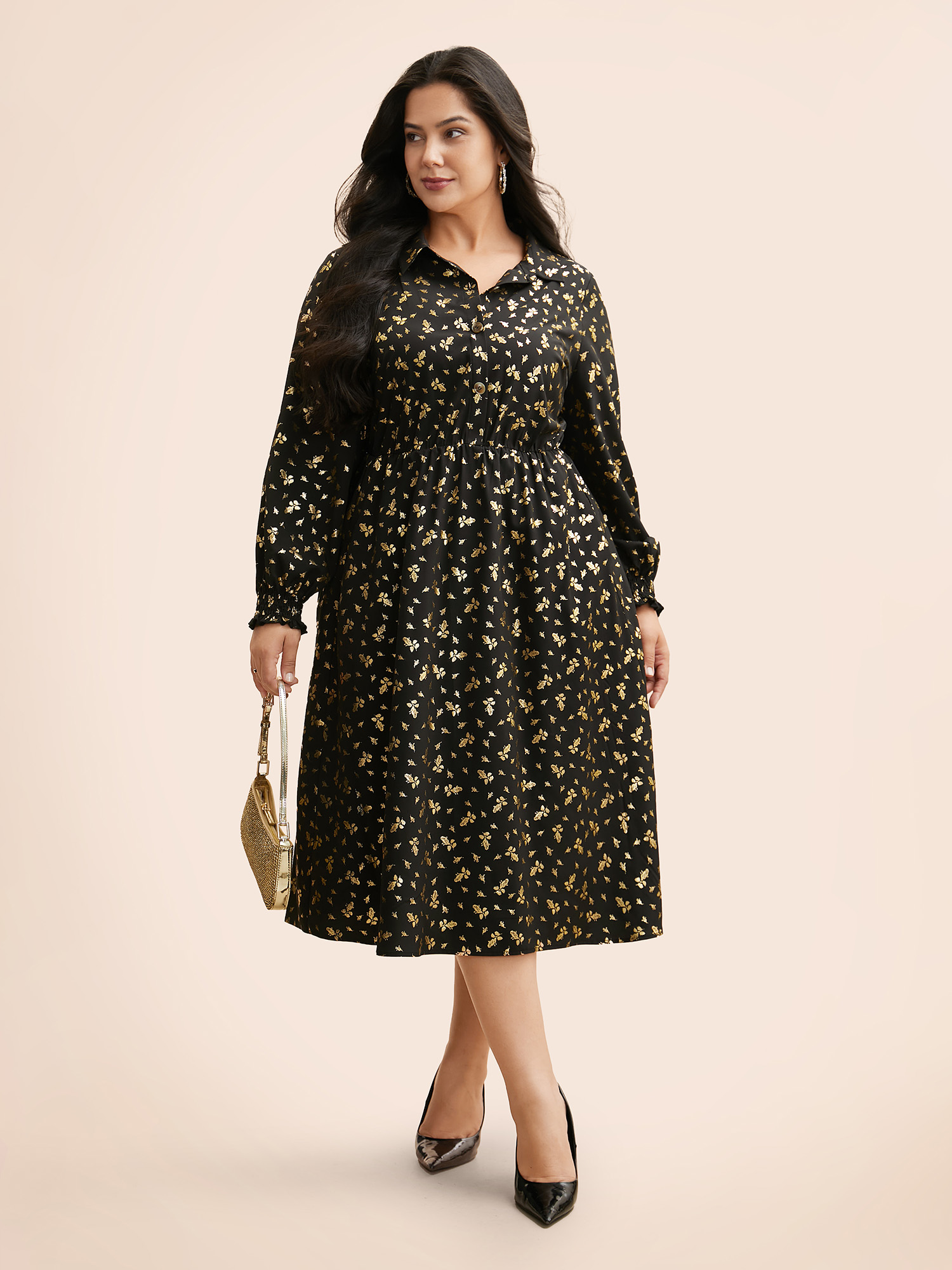 

Plus Size Glitter Floral Frill Trim Shirred Dress Black Women Cocktail Texture Party Curvy Bloomchic