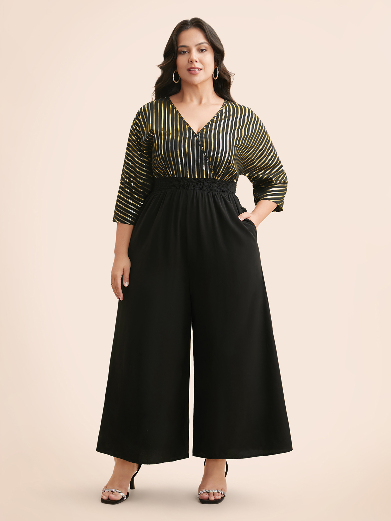 

Plus Size Black Glitter Striped Patchwork Shirred Jumpsuit Women Cocktail Elbow-length sleeve Overlap Collar Party Loose Jumpsuits BloomChic