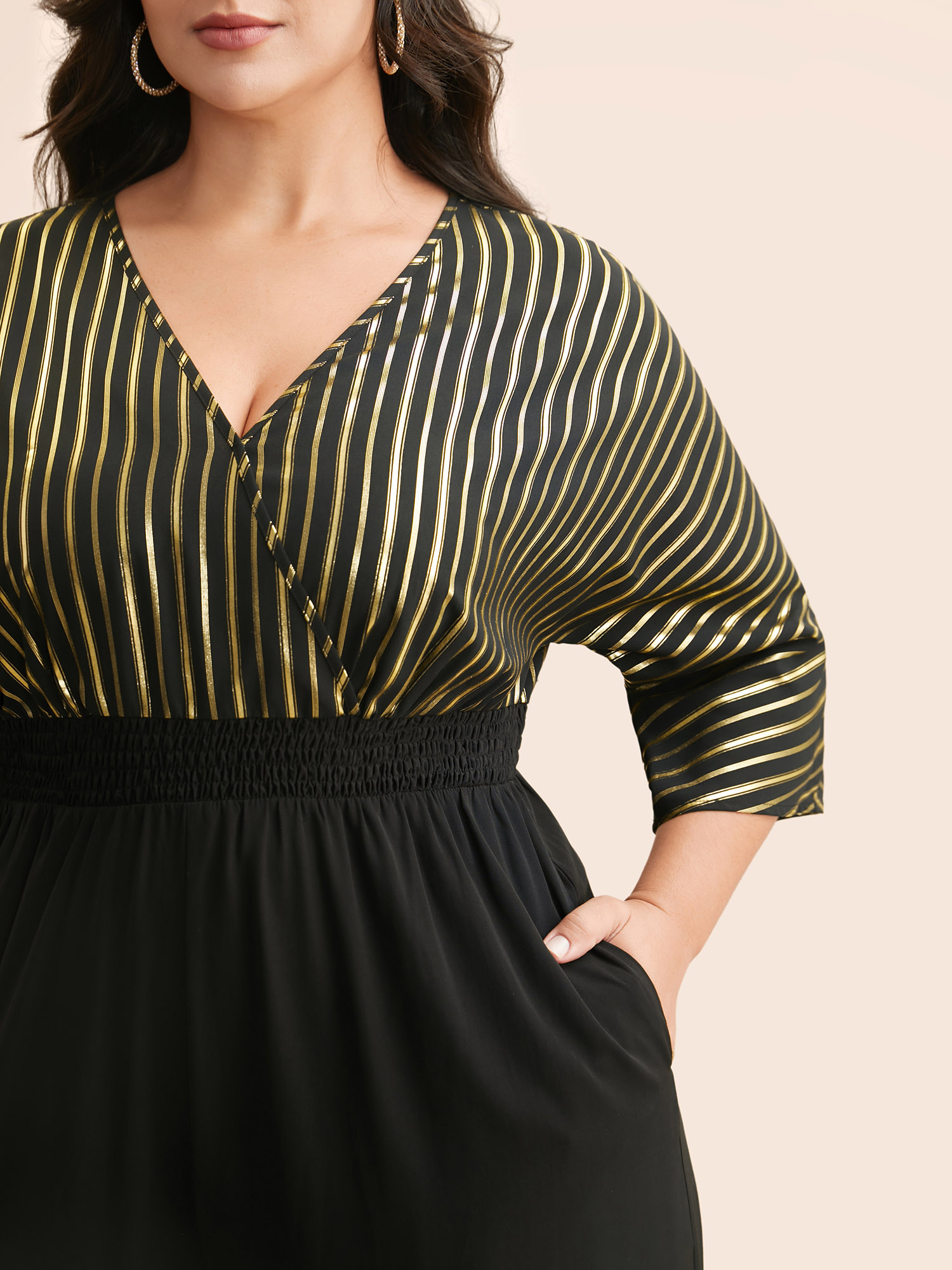 Plus Size Black Glitter Striped Patchwork Shirred Jumpsuit Women Cocktail Elbow-length sleeve Overlap Collar Party Loose Jumpsuits BloomChic 14-16/1X 