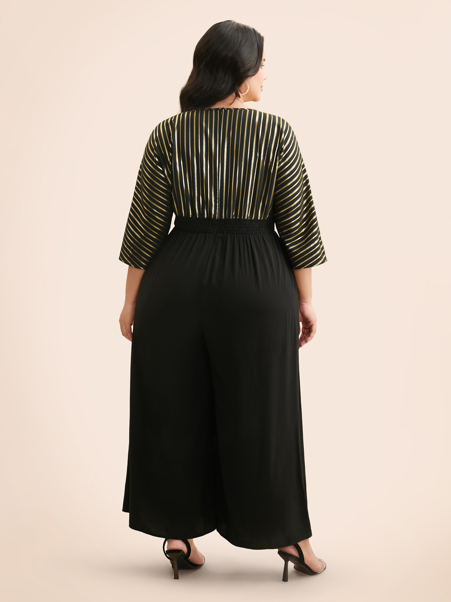 Plus Size Black Glitter Striped Patchwork Shirred Jumpsuit Women Cocktail Elbow-length sleeve Overlap Collar Party Loose Jumpsuits BloomChic 14-16/1X 