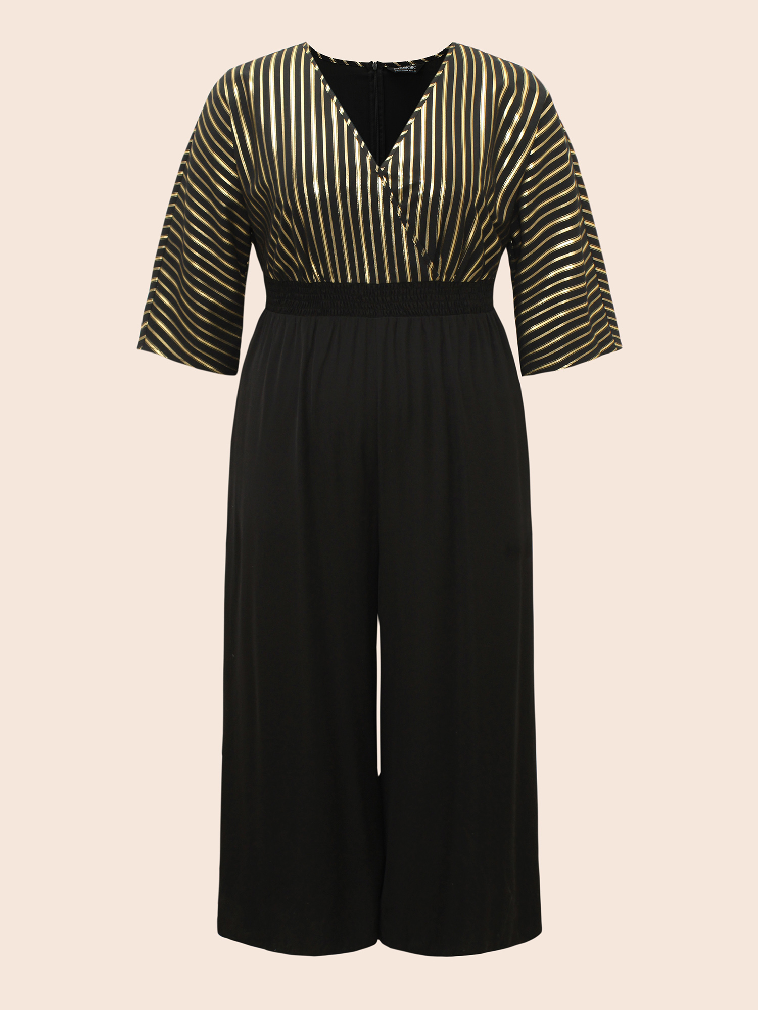 Plus Size Black Glitter Striped Patchwork Shirred Jumpsuit Women Cocktail Elbow-length sleeve Overlap Collar Party Loose Jumpsuits BloomChic 14-16/1X 
