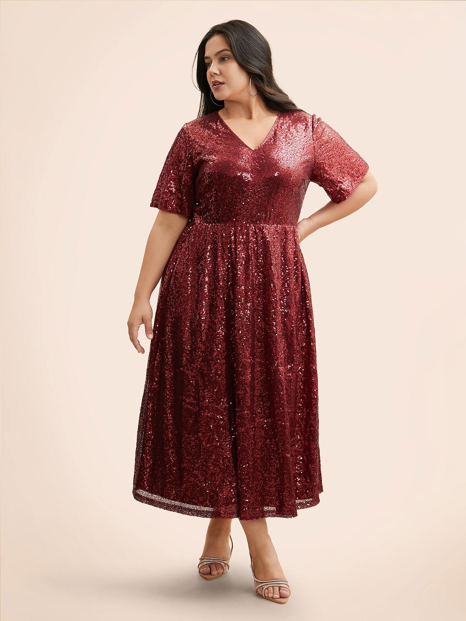 

Plus Size Sequin V Neck Elastic Waist Dress Burgundy Women Cocktail Texture V-neck Short sleeve Curvy BloomChic