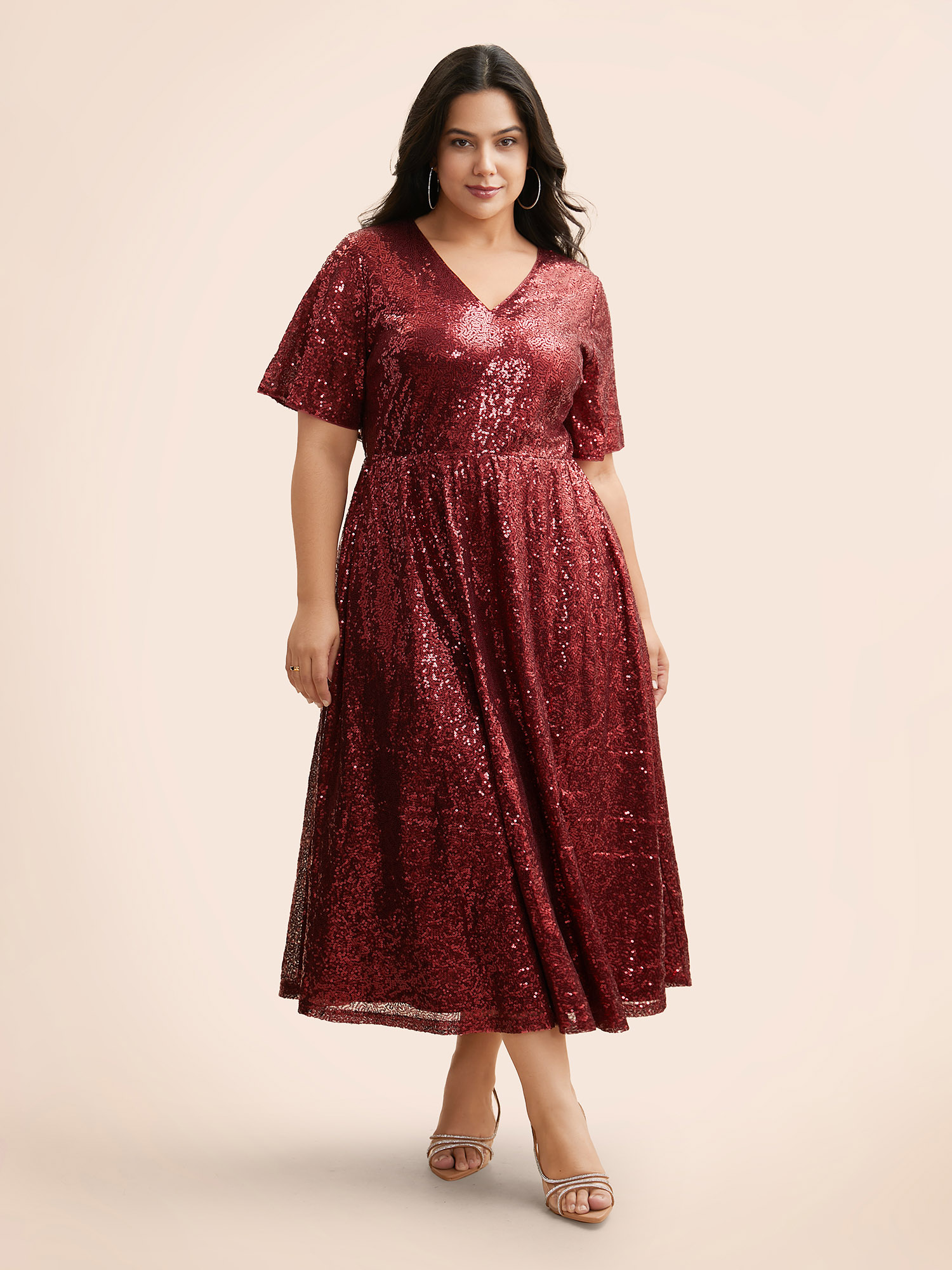 

Plus Size Sequin V Neck Elastic Waist Dress Burgundy Women Cocktail Texture V-neck Short sleeve Curvy BloomChic