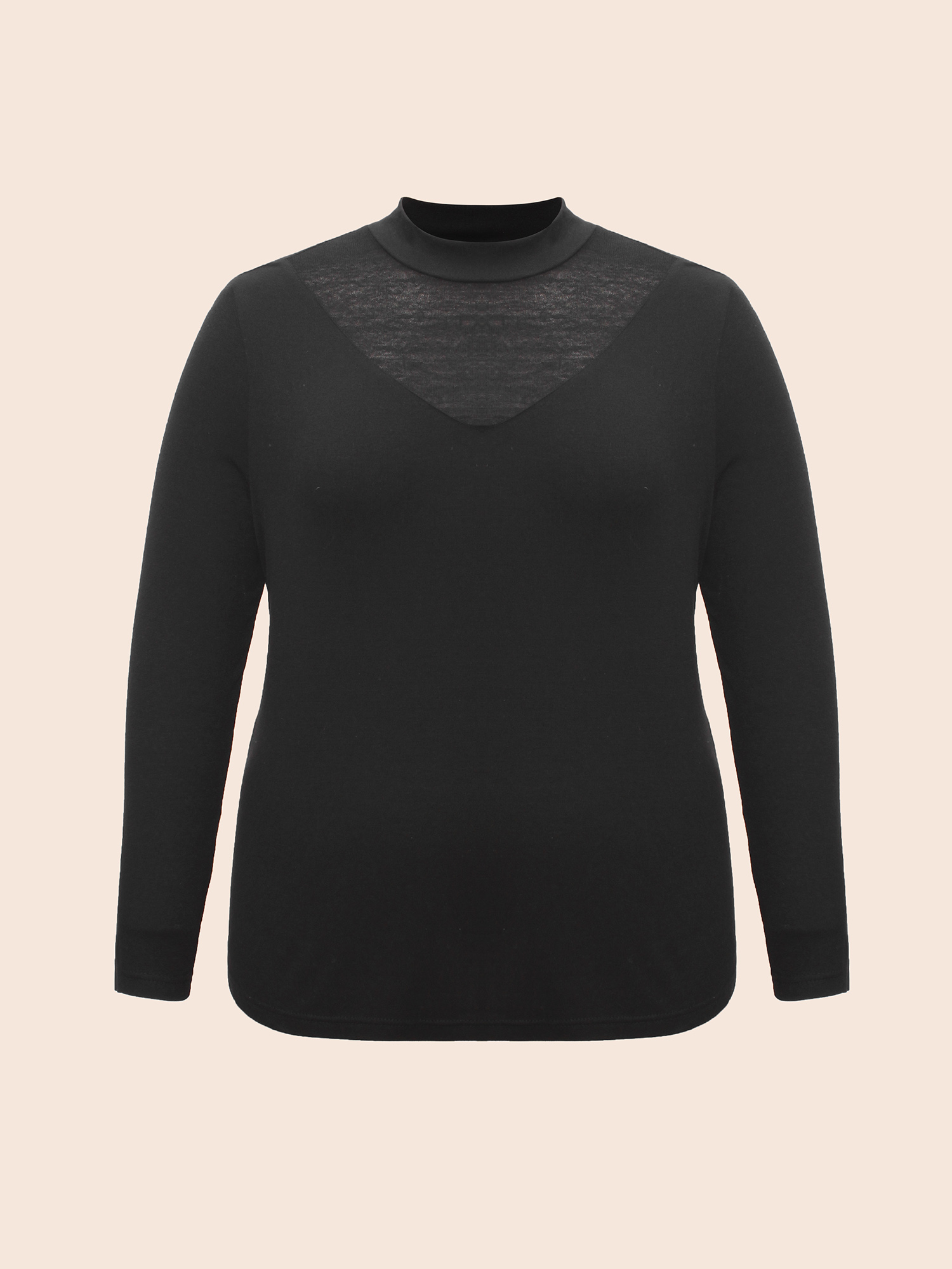 

Plus Size Mock Neck Mesh Patchwork Stretchy T-shirt Black Women Casual See through Stand-up collar Everyday T-shirts BloomChic