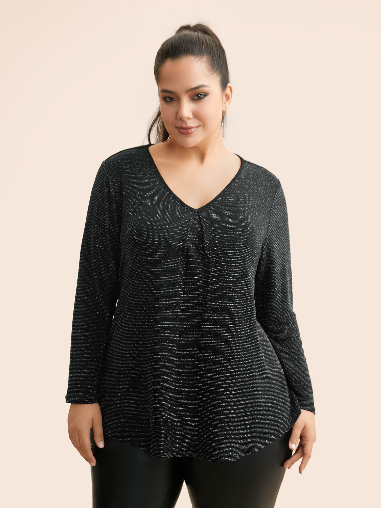 

Plus Size V Neck Luxe Plicated Detail T-shirt Black V-neck Long Sleeve Elegant Jersey Tops