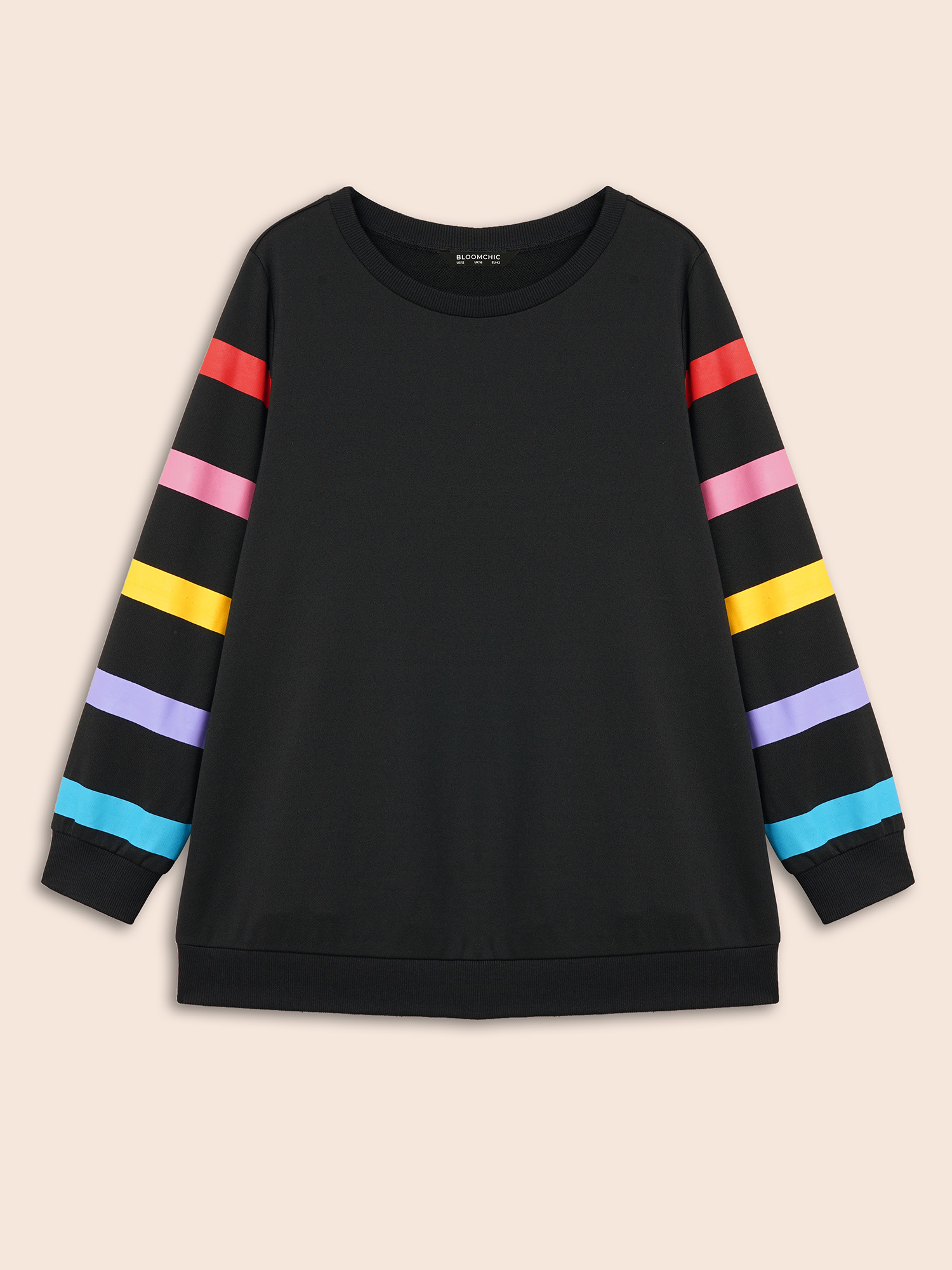 

Plus Size Colored Striped Patchwork Slightly Stretchy Sweatshirt Women Black Casual Contrast Non Everyday Sweatshirts BloomChic