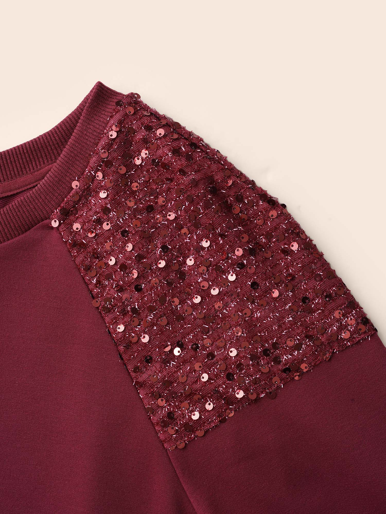 

Plus Size Sequin Patchwork Raglan Sleeve Sweatshirt Women Burgundy Casual Patchwork Round Neck Everyday Sweatshirts BloomChic