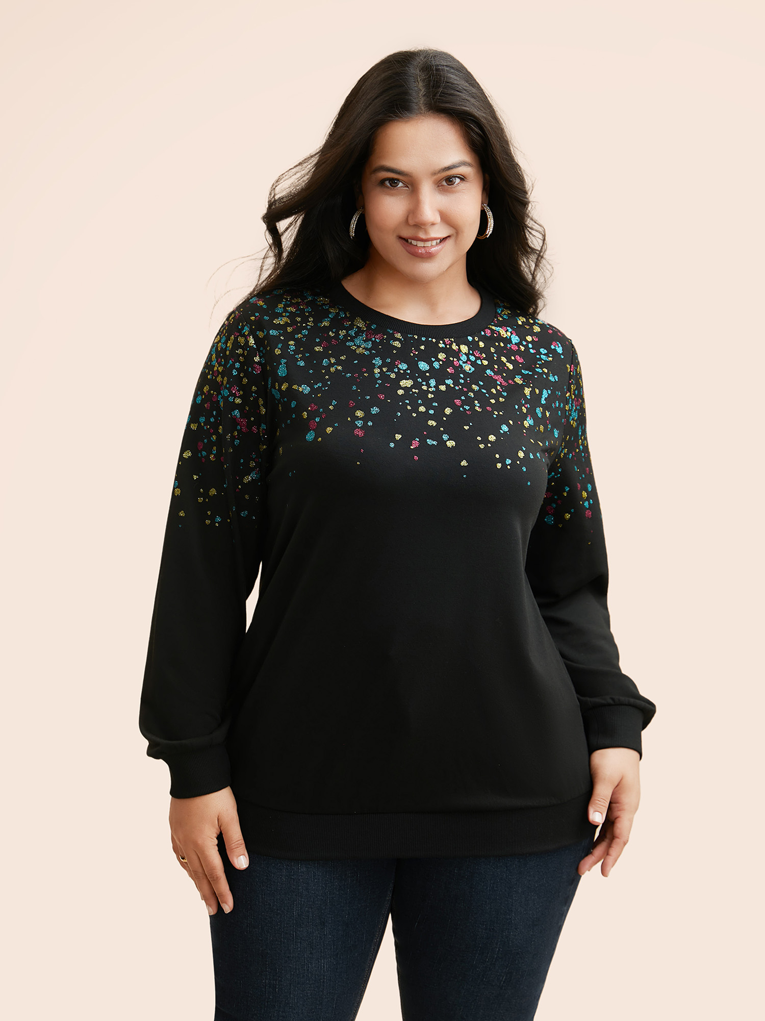 

Plus Size Crew Neck Color Glitter Sweatshirt Women Black Casual Patchwork Round Neck Everyday Sweatshirts BloomChic