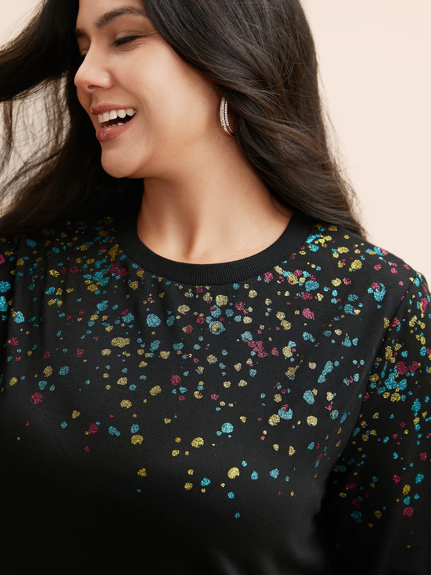 Plus Size Crew Neck Color Glitter Sweatshirt Women Black Casual Patchwork Round Neck Everyday Sweatshirts BloomChic 12/L 