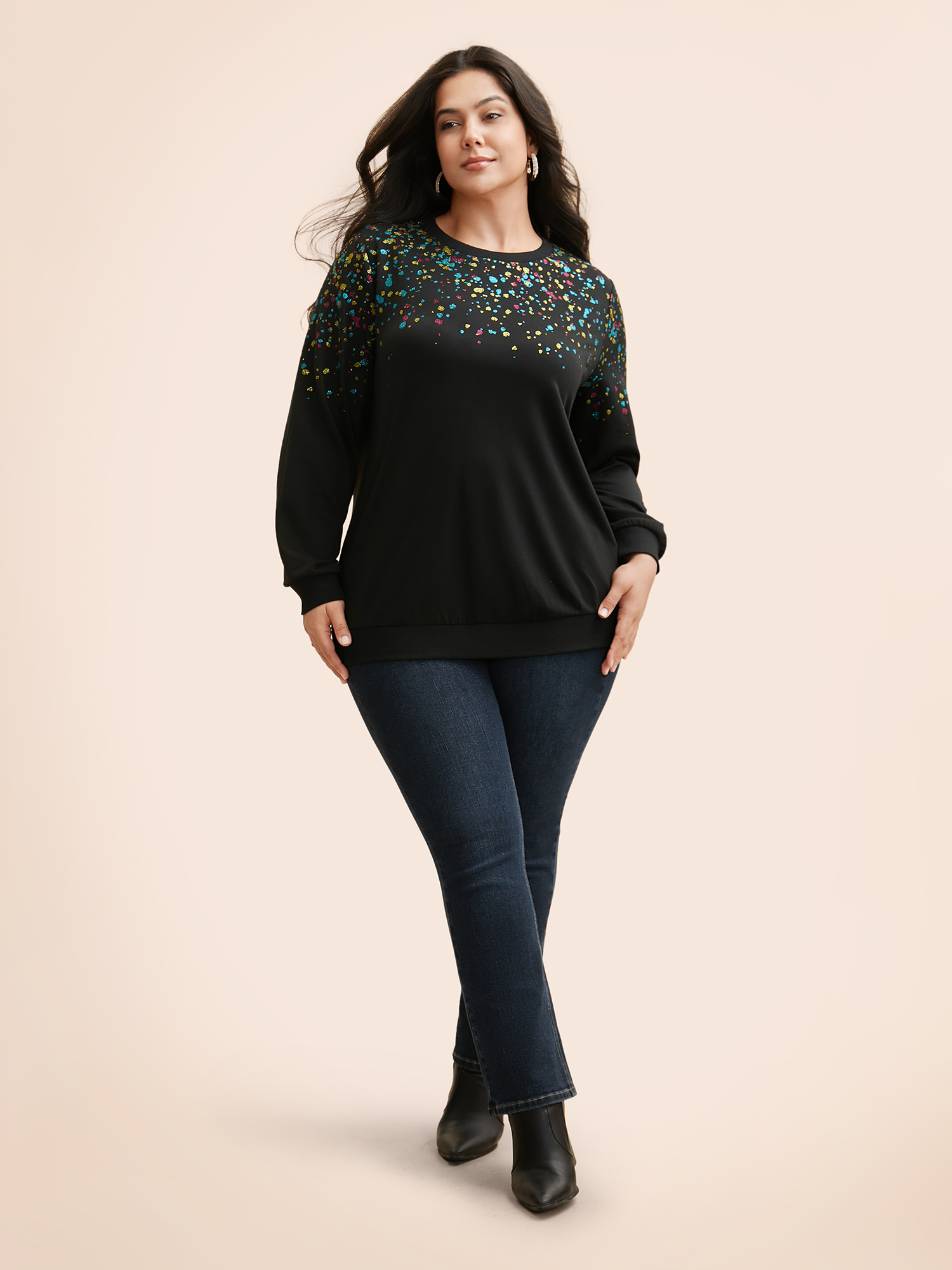 Plus Size Crew Neck Color Glitter Sweatshirt Women Black Casual Patchwork Round Neck Everyday Sweatshirts BloomChic 12/L 