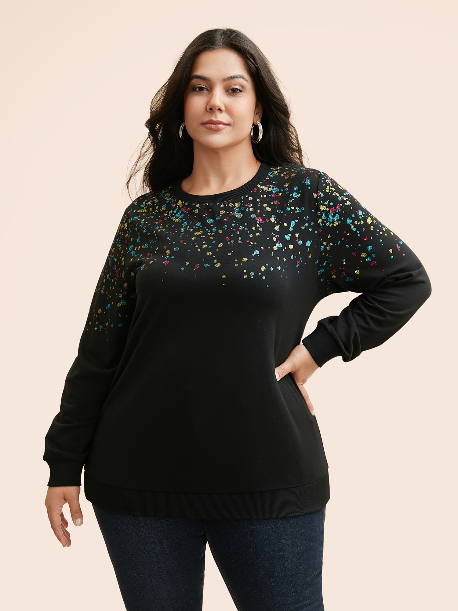 Plus Size Crew Neck Color Glitter Sweatshirt Women Black Casual Patchwork Round Neck Everyday Sweatshirts BloomChic 12/L 