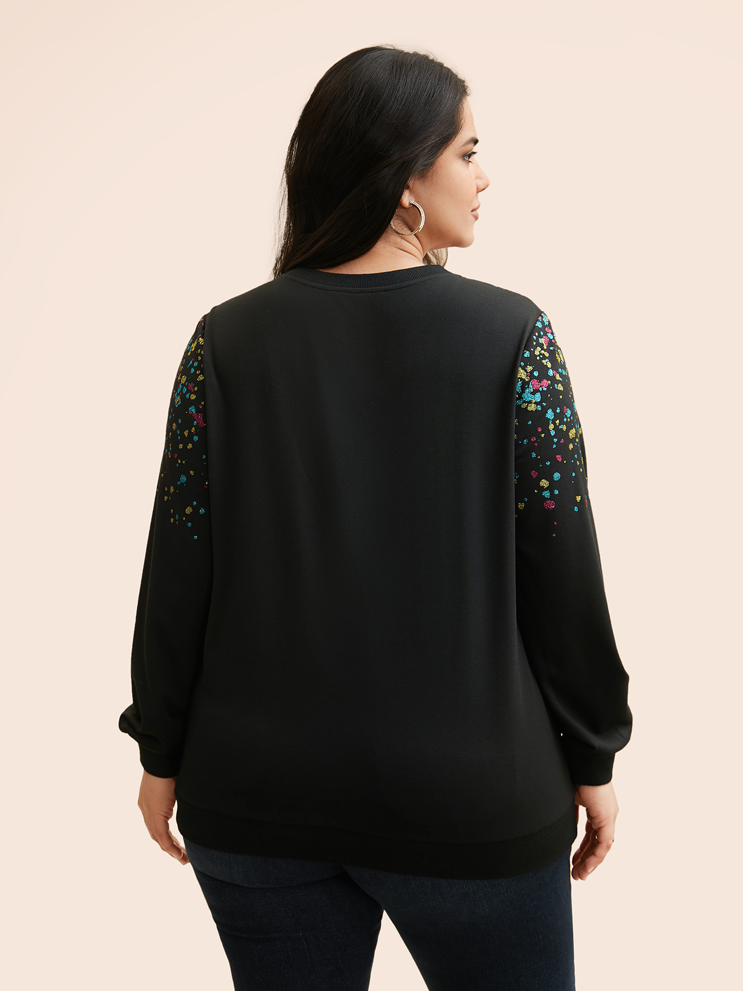 Plus Size Crew Neck Color Glitter Sweatshirt Women Black Casual Patchwork Round Neck Everyday Sweatshirts BloomChic 12/L 