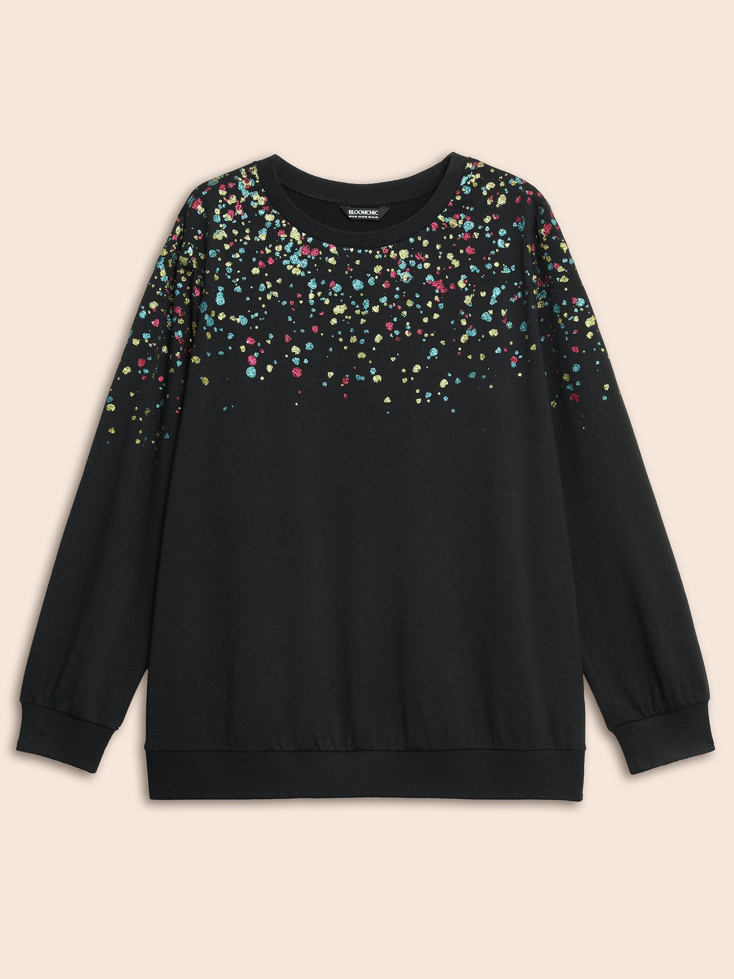 Plus Size Crew Neck Color Glitter Sweatshirt Women Black Casual Patchwork Round Neck Everyday Sweatshirts BloomChic 12/L 