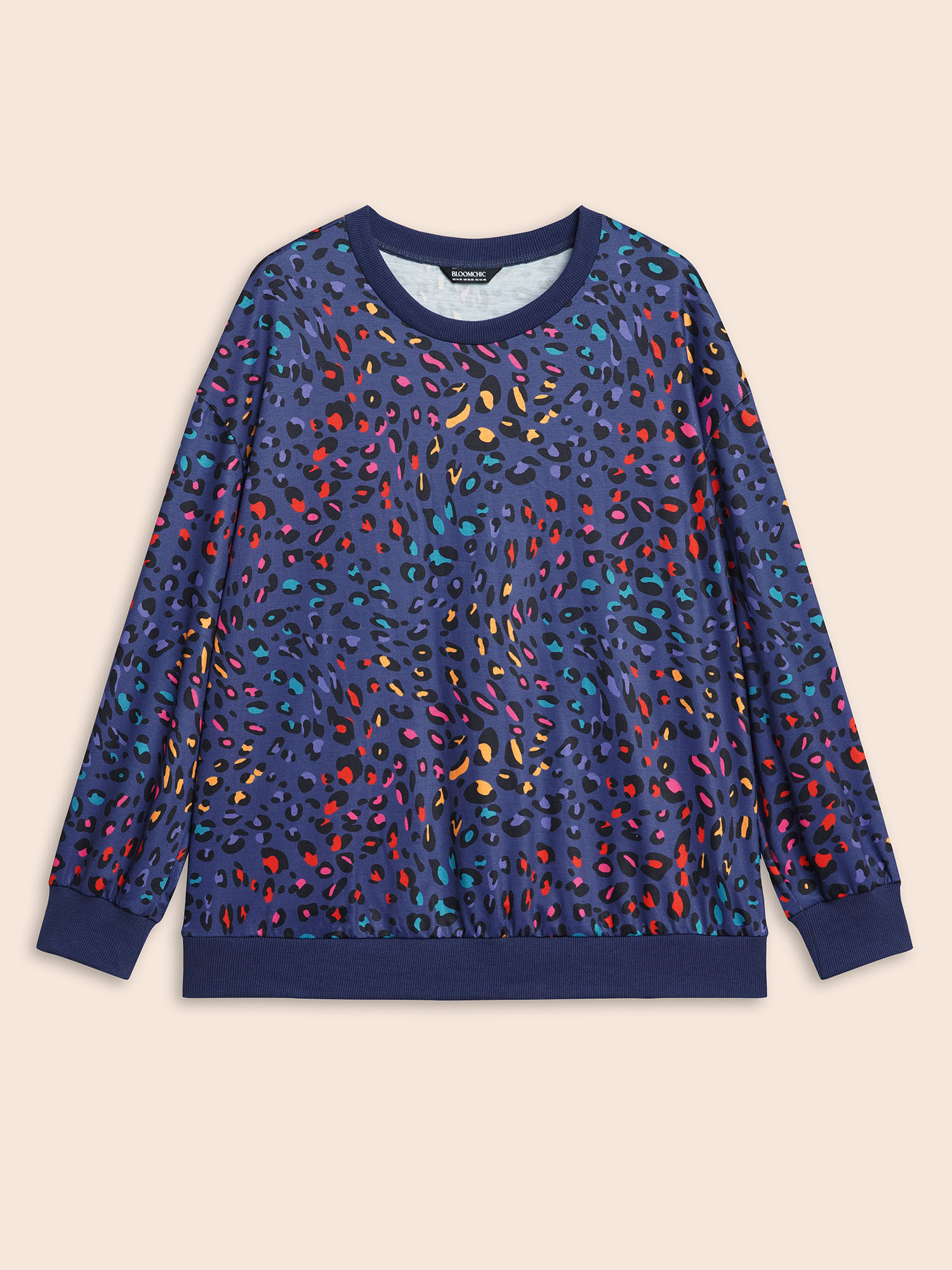 

Plus Size Round Neck Color Leopard Print Sweatshirt Women Indigo Casual Contrast Round Neck Everyday Sweatshirts BloomChic