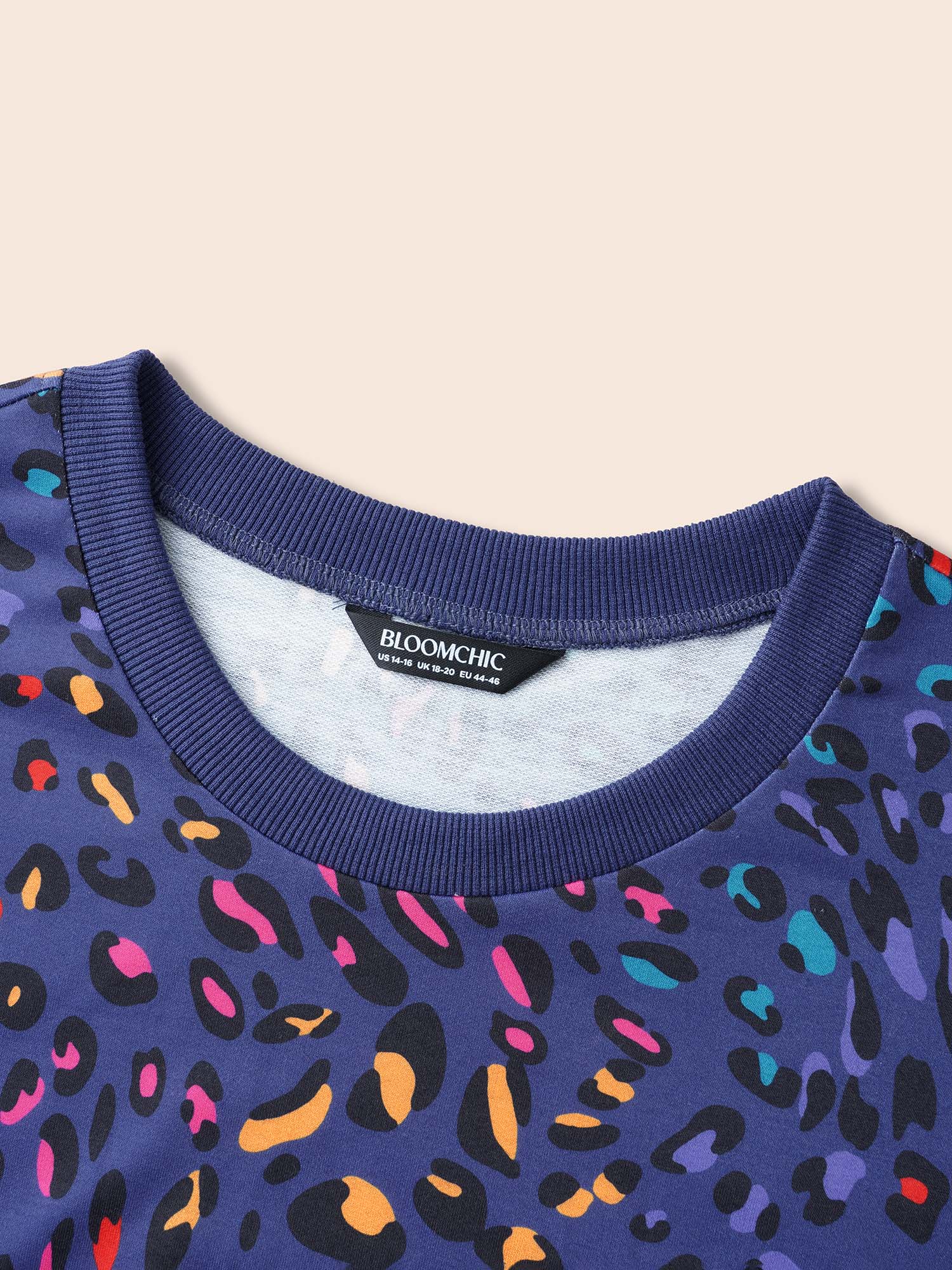 Plus Size Round Neck Color Leopard Print Sweatshirt Women Indigo Casual Contrast Round Neck Everyday Sweatshirts BloomChic 14-16/1X 