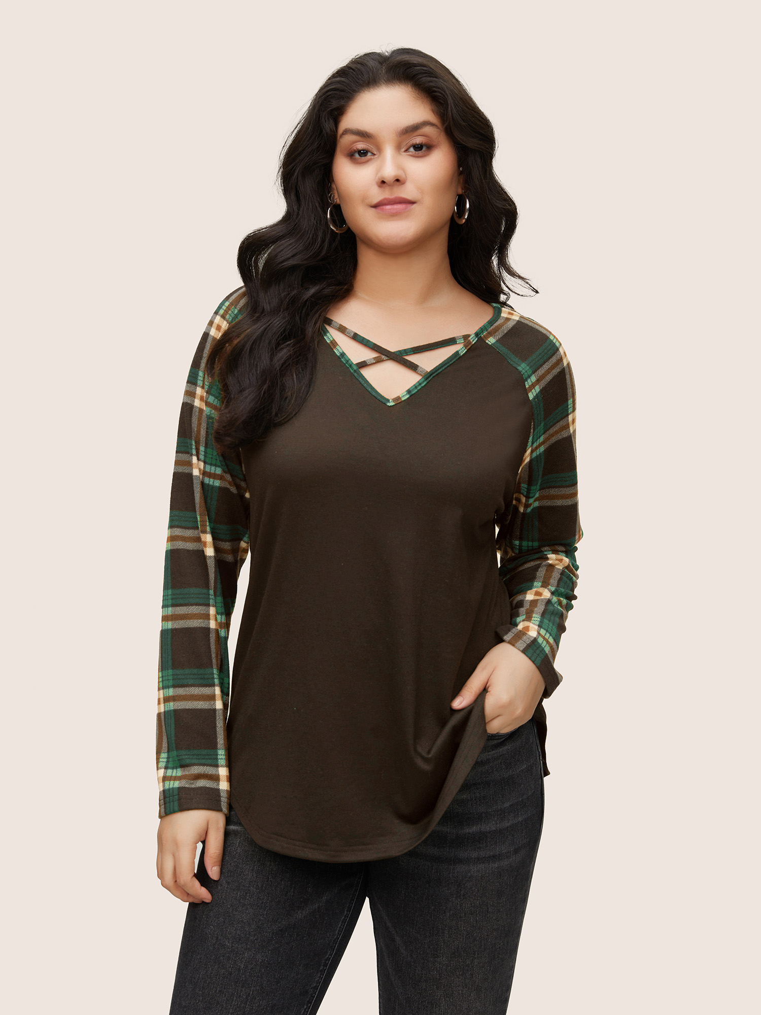 

Plus Size Plaid Patchwork Raglan Sleeve Crisscross T-shirt DarkBrown Women Casual Patchwork Plaid V-neck Dailywear T-shirts BloomChic