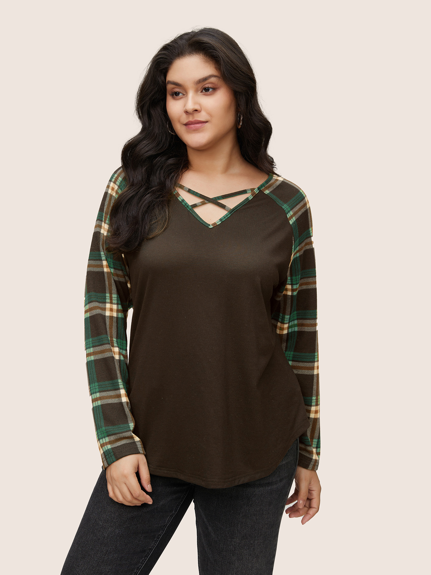 

Plus Size Plaid Patchwork Raglan Sleeve Crisscross T-shirt DarkBrown Women Casual Patchwork Plaid V-neck Dailywear T-shirts BloomChic