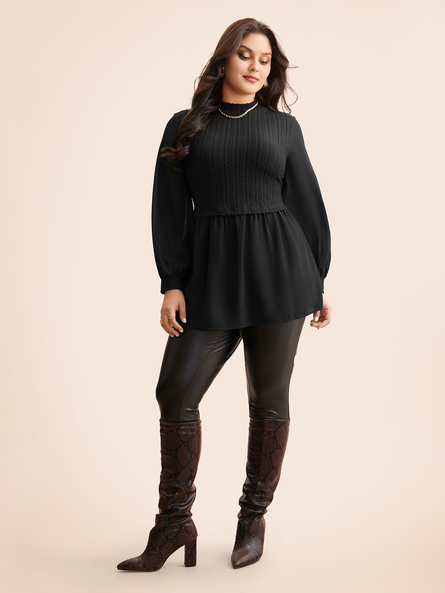 

Plus Size Jacquard Patchwork Mesh Lantern Sleeve T-shirt Black Mock Neck Long Sleeve Casual Jersey Tops