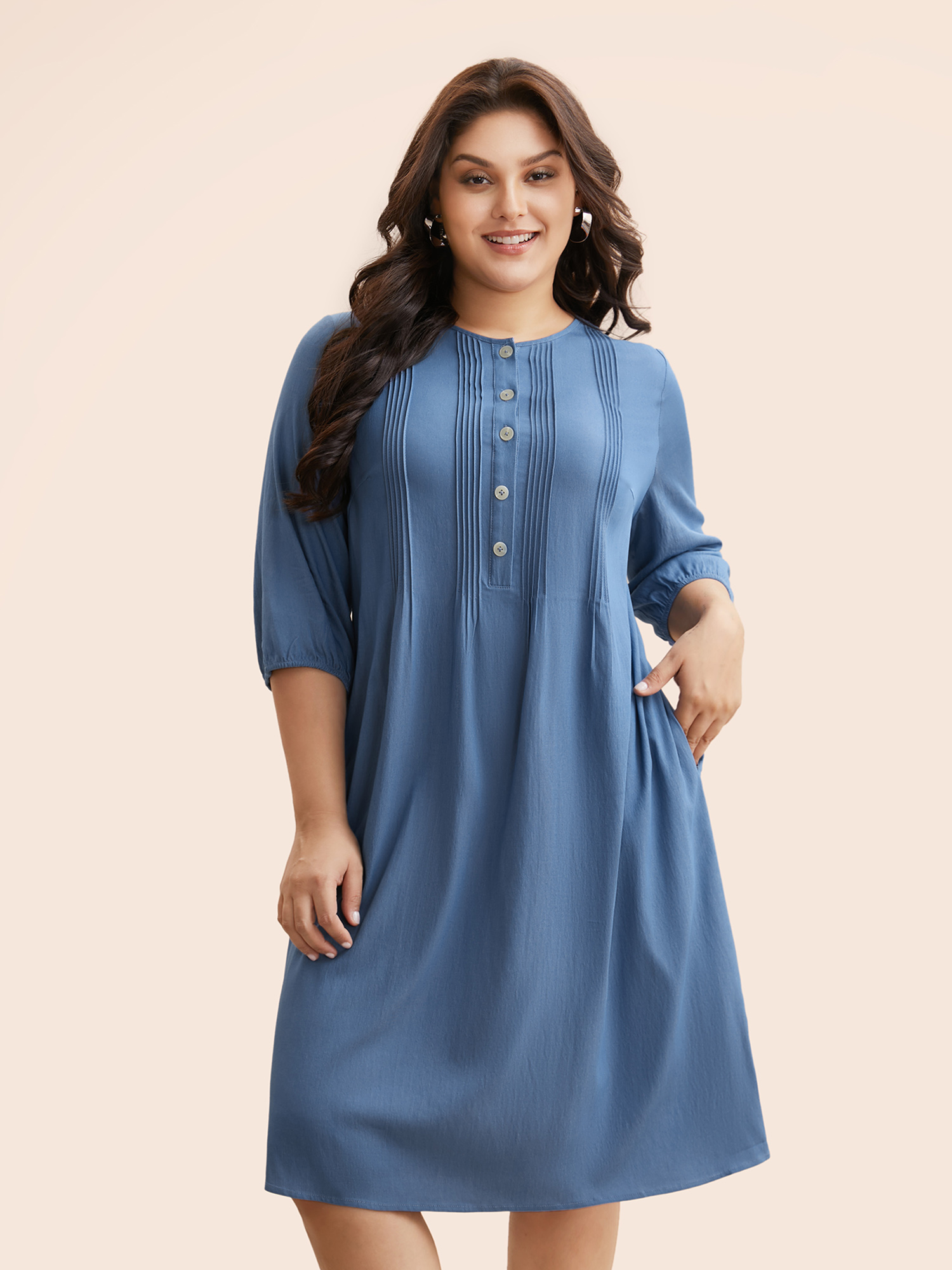 

Plus Size Solid Pleated Button Up Dress Mediumblue Women Casual Tucked seam Round Neck Elbow-length sleeve Curvy BloomChic