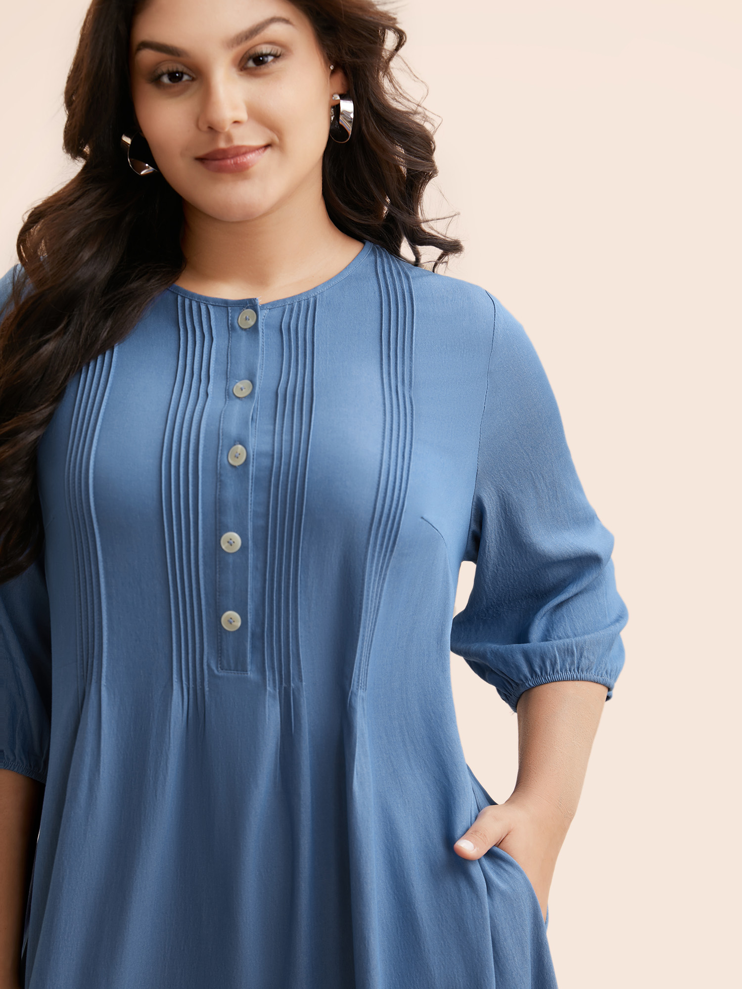 

Plus Size Solid Pleated Button Up Dress Mediumblue Women Casual Tucked seam Round Neck Elbow-length sleeve Curvy BloomChic